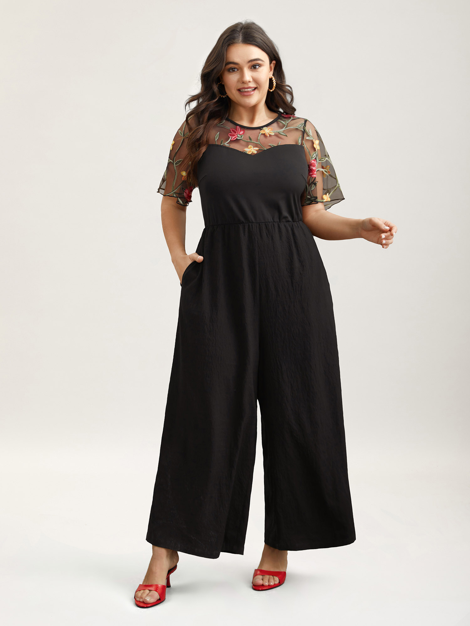 Plus Size Black Floral Mesh Embroidered Flared Jumpsuit Women Elegant Short sleeve Round Neck Everyday Loose Jumpsuits BloomChic 30/6X 