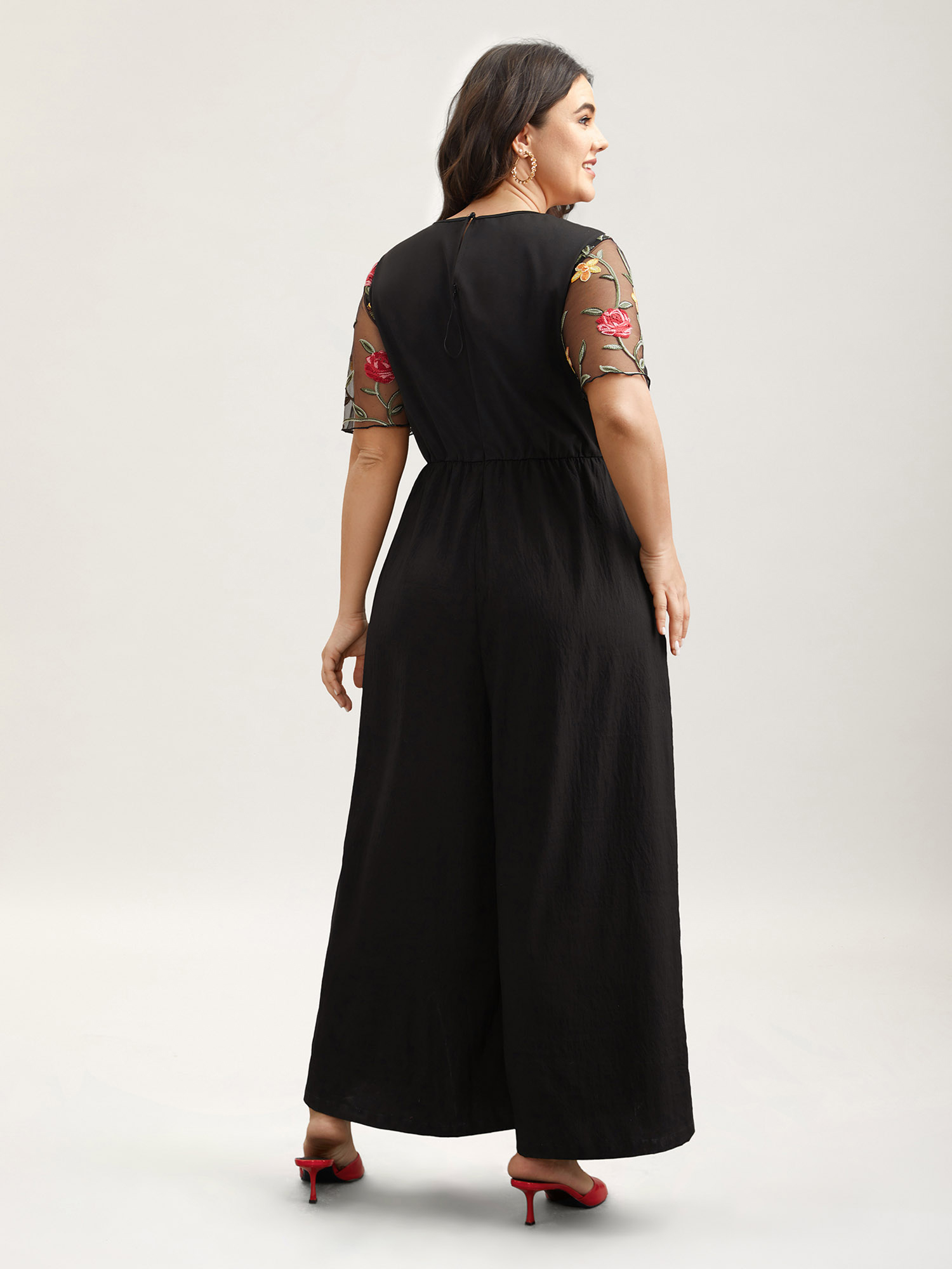 Plus Size Black Floral Mesh Embroidered Flared Jumpsuit Women Elegant Short sleeve Round Neck Everyday Loose Jumpsuits BloomChic 30/6X 