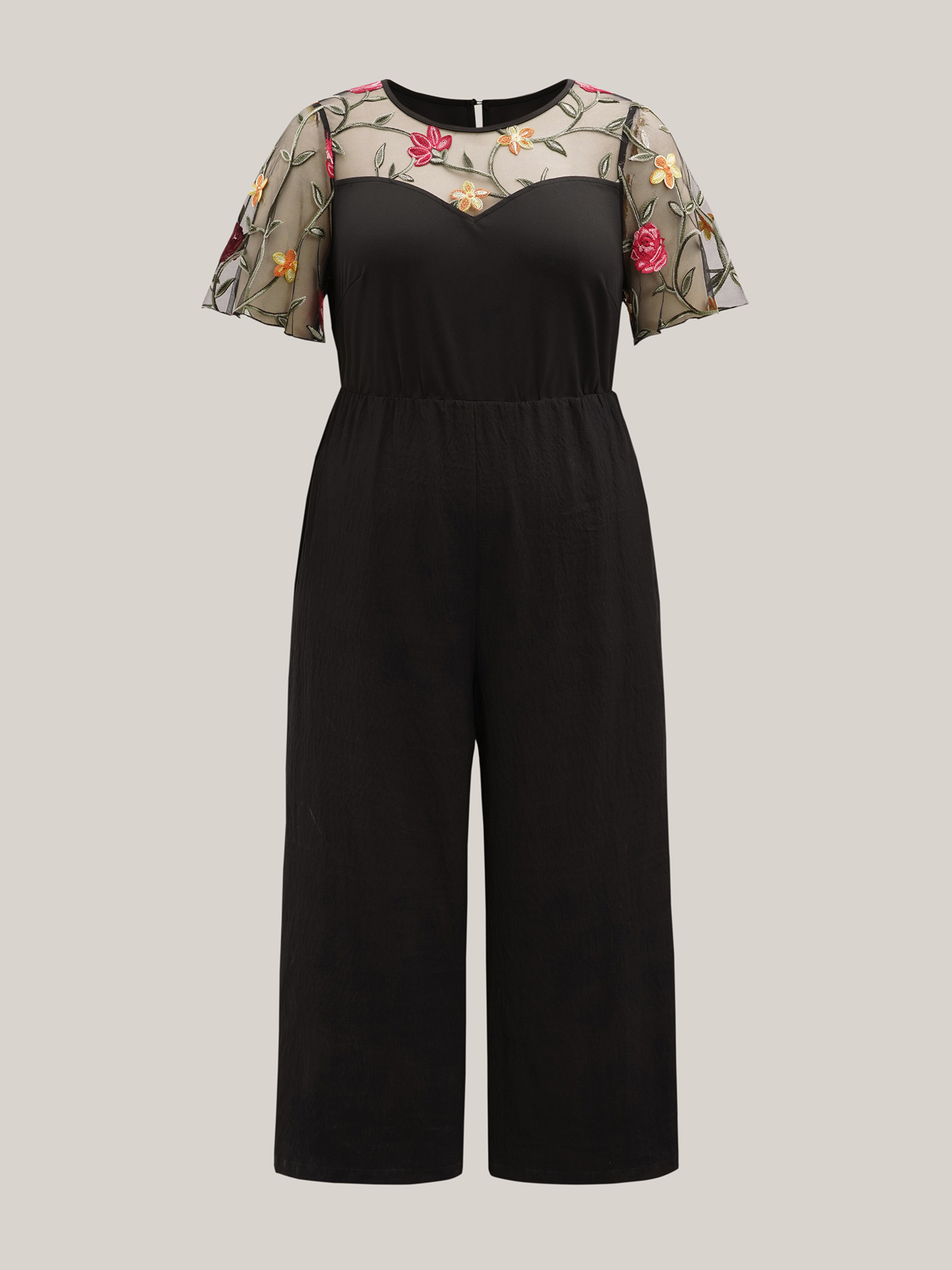 Plus Size Black Floral Mesh Embroidered Flared Jumpsuit Women Elegant Short sleeve Round Neck Everyday Loose Jumpsuits BloomChic 30/6X 