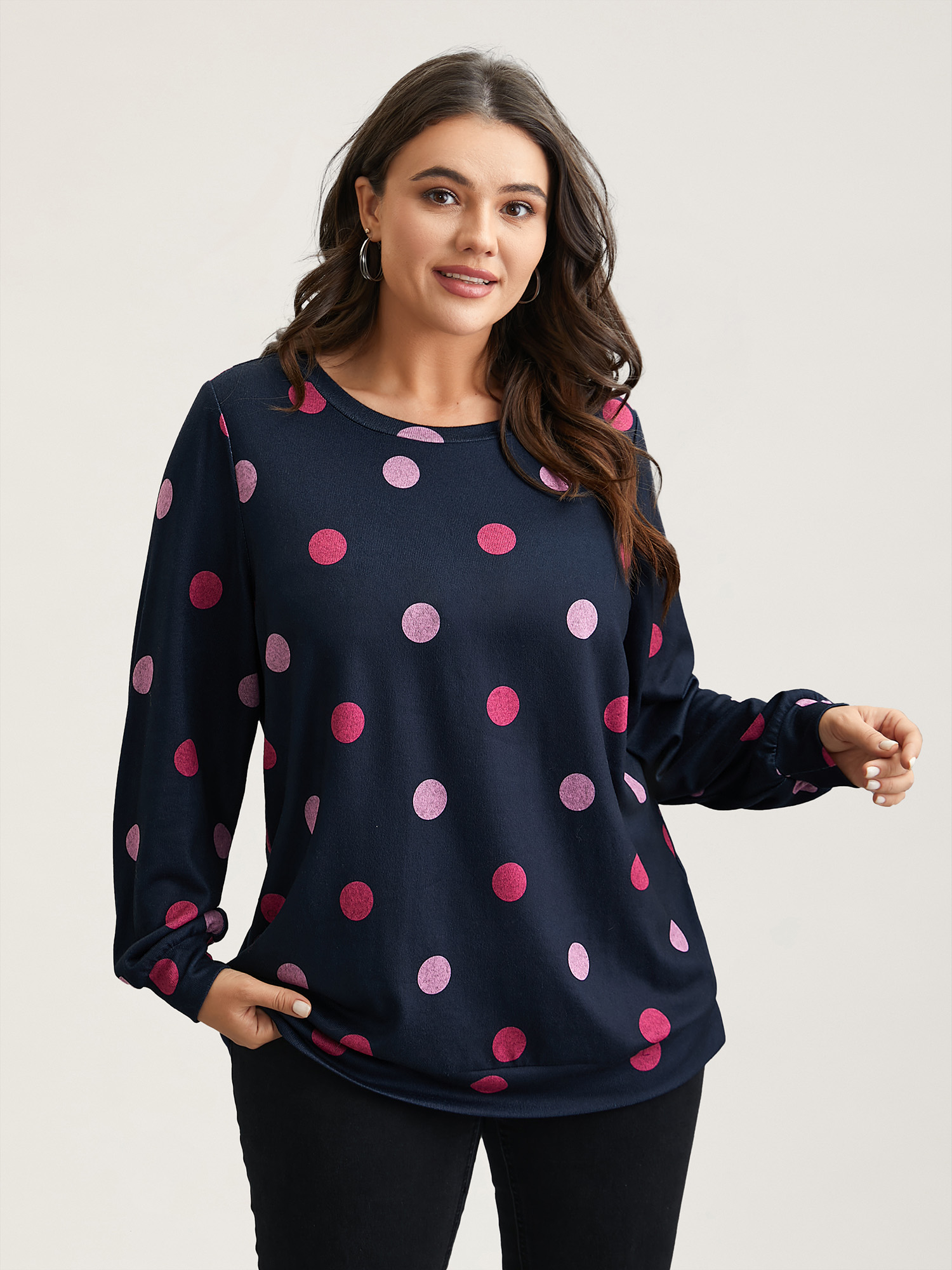 

Plus Size Polka Dots Round Neck Fitted Sweatshirt Women Midnight Casual Contrast Round Neck Everyday Sweatshirts BloomChic