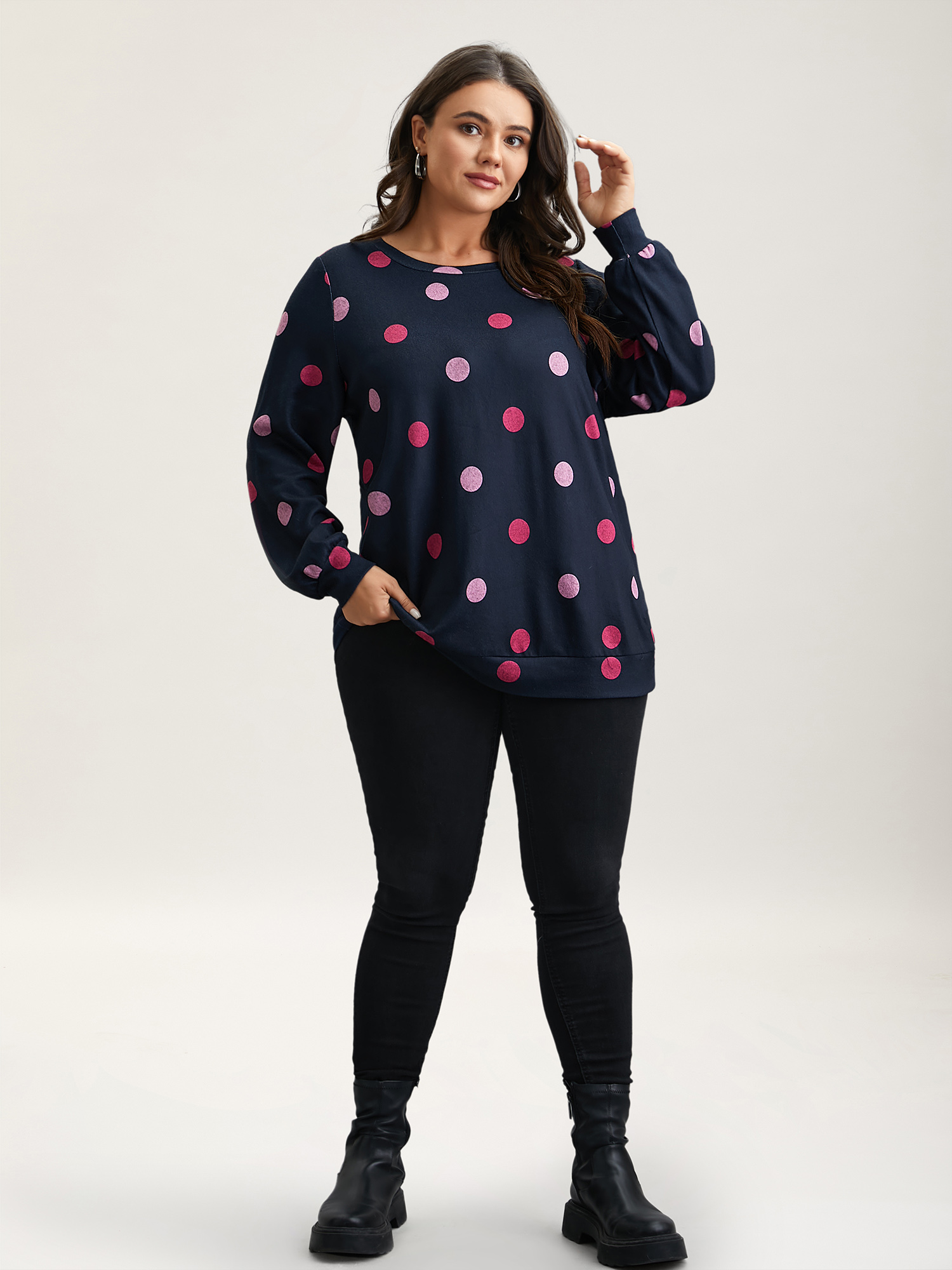 Plus Size Polka Dots Round Neck Fitted Sweatshirt Women Midnight Casual Contrast Round Neck Everyday Sweatshirts BloomChic 18-20/2X 