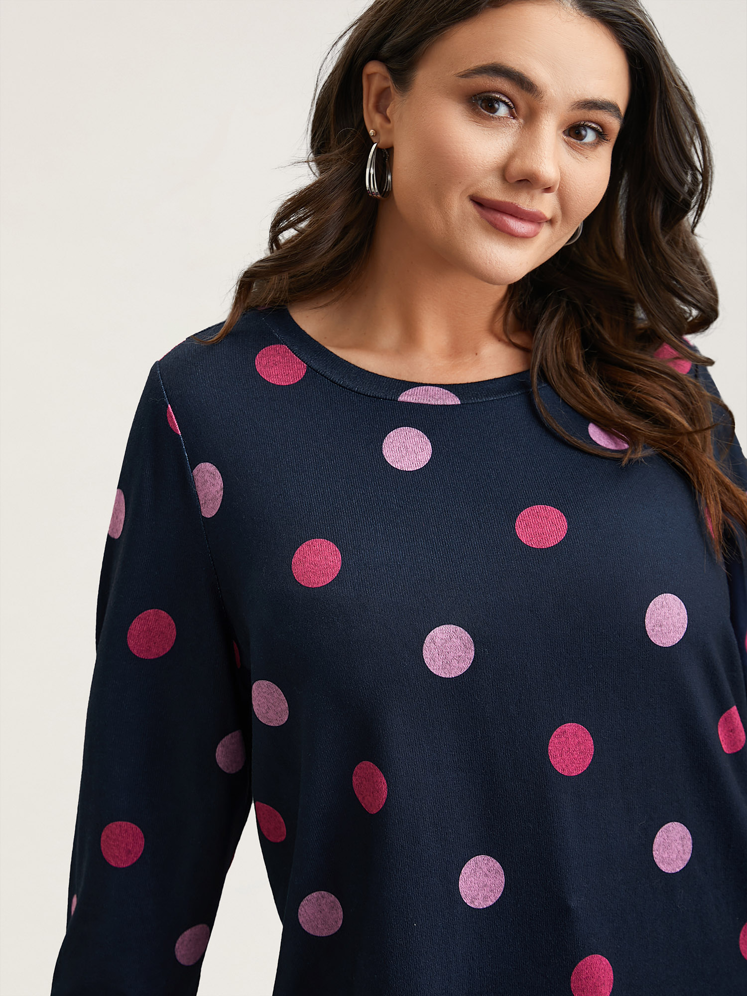 Plus Size Polka Dots Round Neck Fitted Sweatshirt Women Midnight Casual Contrast Round Neck Everyday Sweatshirts BloomChic 18-20/2X 
