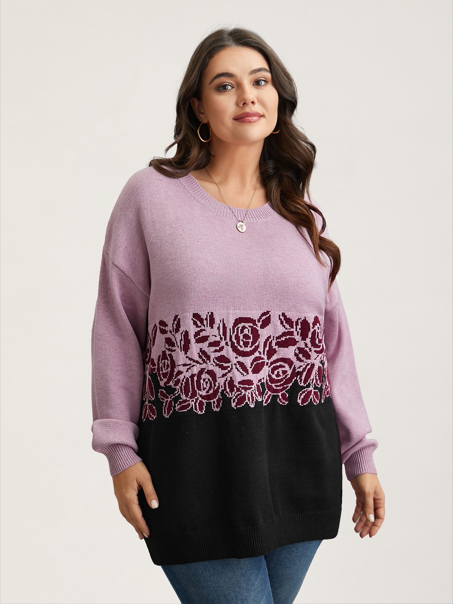 

Plus Size Jacquard Floral Pattern Contrast Drop-Shoulder Pullover Black Women Casual Loose Long Sleeve Round Neck Everyday Pullovers BloomChic