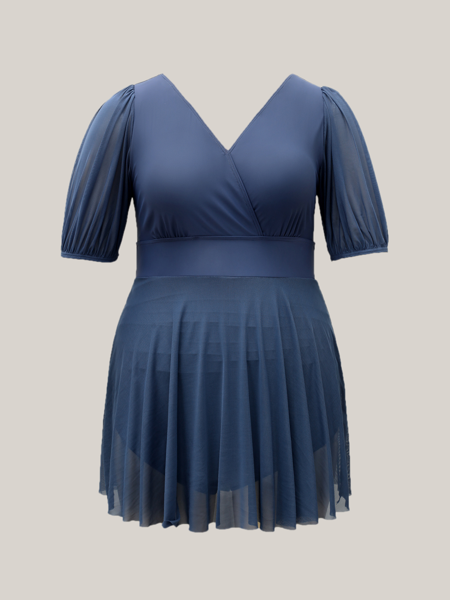 Plus Size Surplice Neck Spliced Sheer Swim Dress Women`s Swimwear Stone Beach Bodycon Overlap Collar High stretch Curve Swim Dresses BloomChic 28/5X 