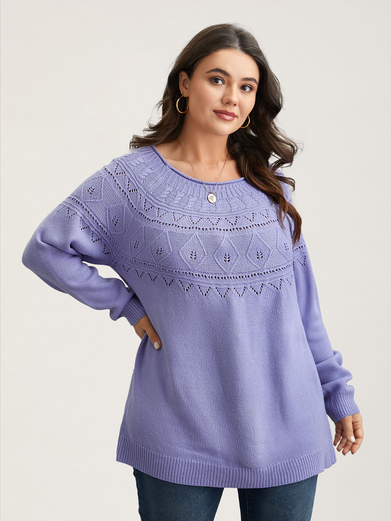 

Plus Size Eyelet Trim Cable Knit Round Neck Pullover Lilac Women Casual Loose Long Sleeve Round Neck Everyday Pullovers BloomChic