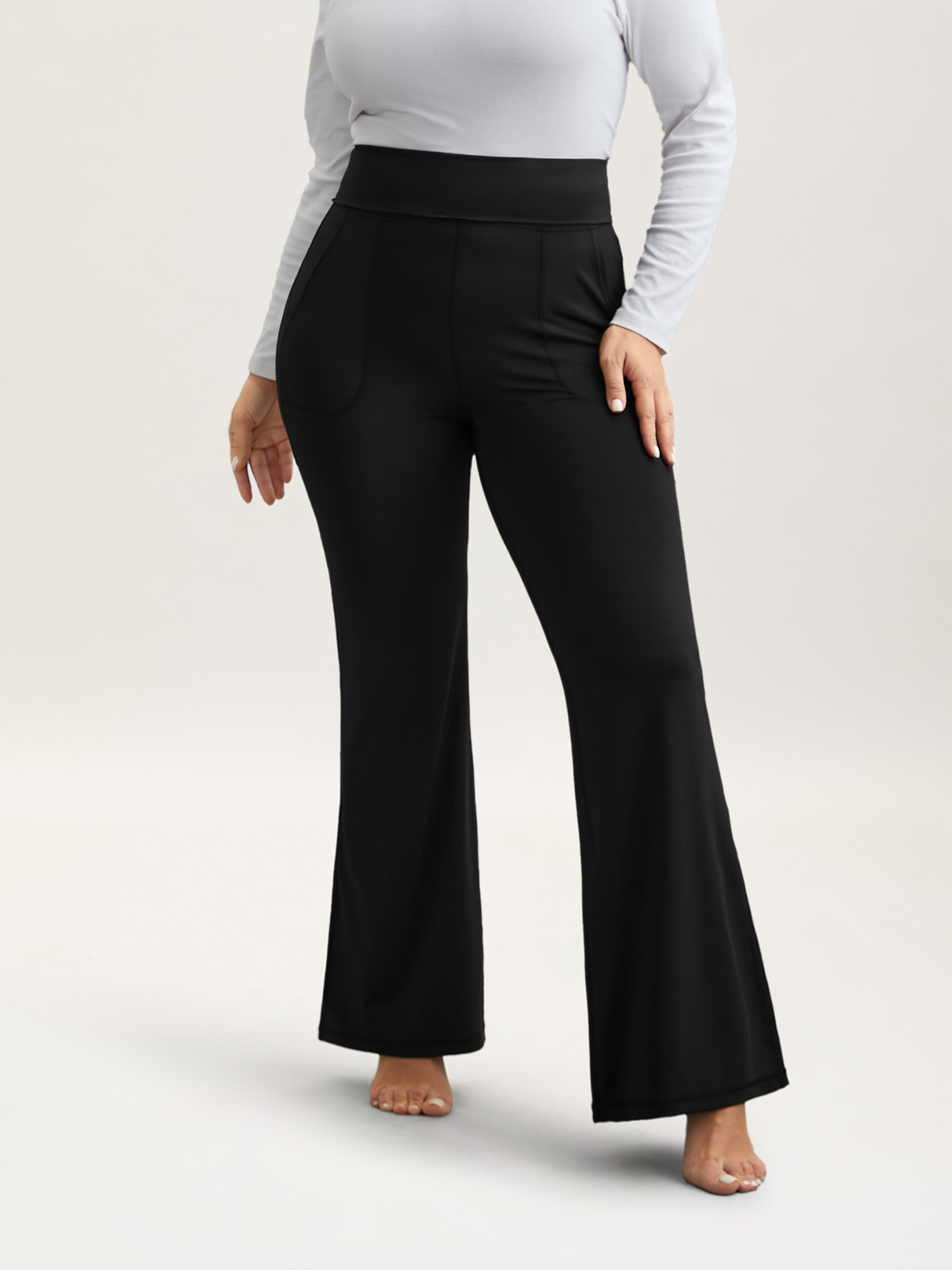 

Plus Size Ruched Wide Waist Pockets Tight Pants Women Black Elegant High stretch Bootcut Mid Rise Everyday Leggings BloomChic