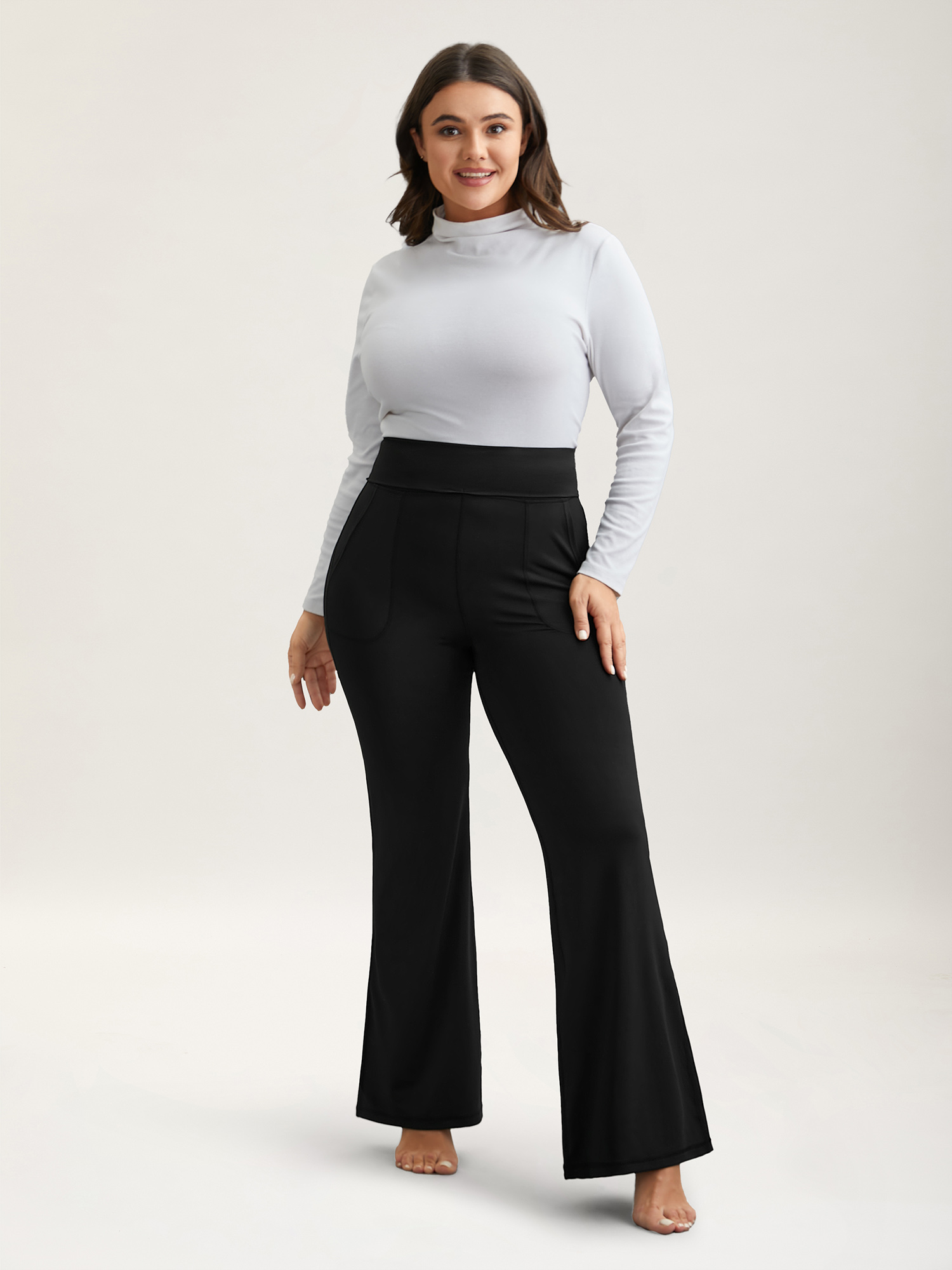 Plus Size Ruched Wide Waist Pockets Tight Pants Women Black Elegant High stretch Bootcut Mid Rise Everyday Leggings BloomChic 14-16/1X 