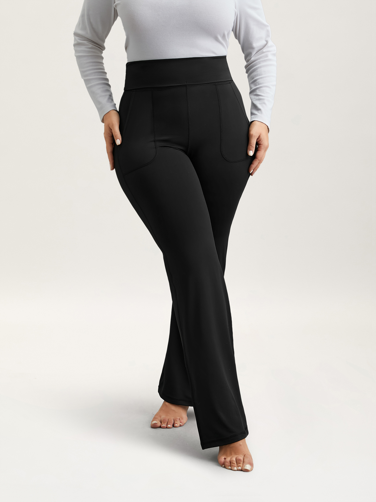 Plus Size Ruched Wide Waist Pockets Tight Pants Women Black Elegant High stretch Bootcut Mid Rise Everyday Leggings BloomChic 14-16/1X 