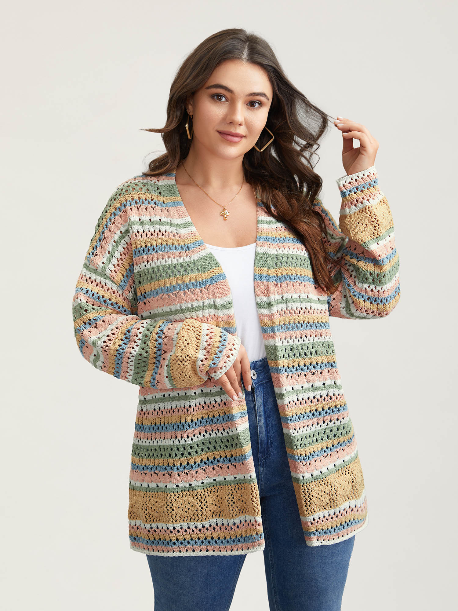 

Plus Size Striped Color Contrast Cut-Out Cardigan Multicolor Women Casual Loose Long Sleeve Everyday Cardigans BloomChic