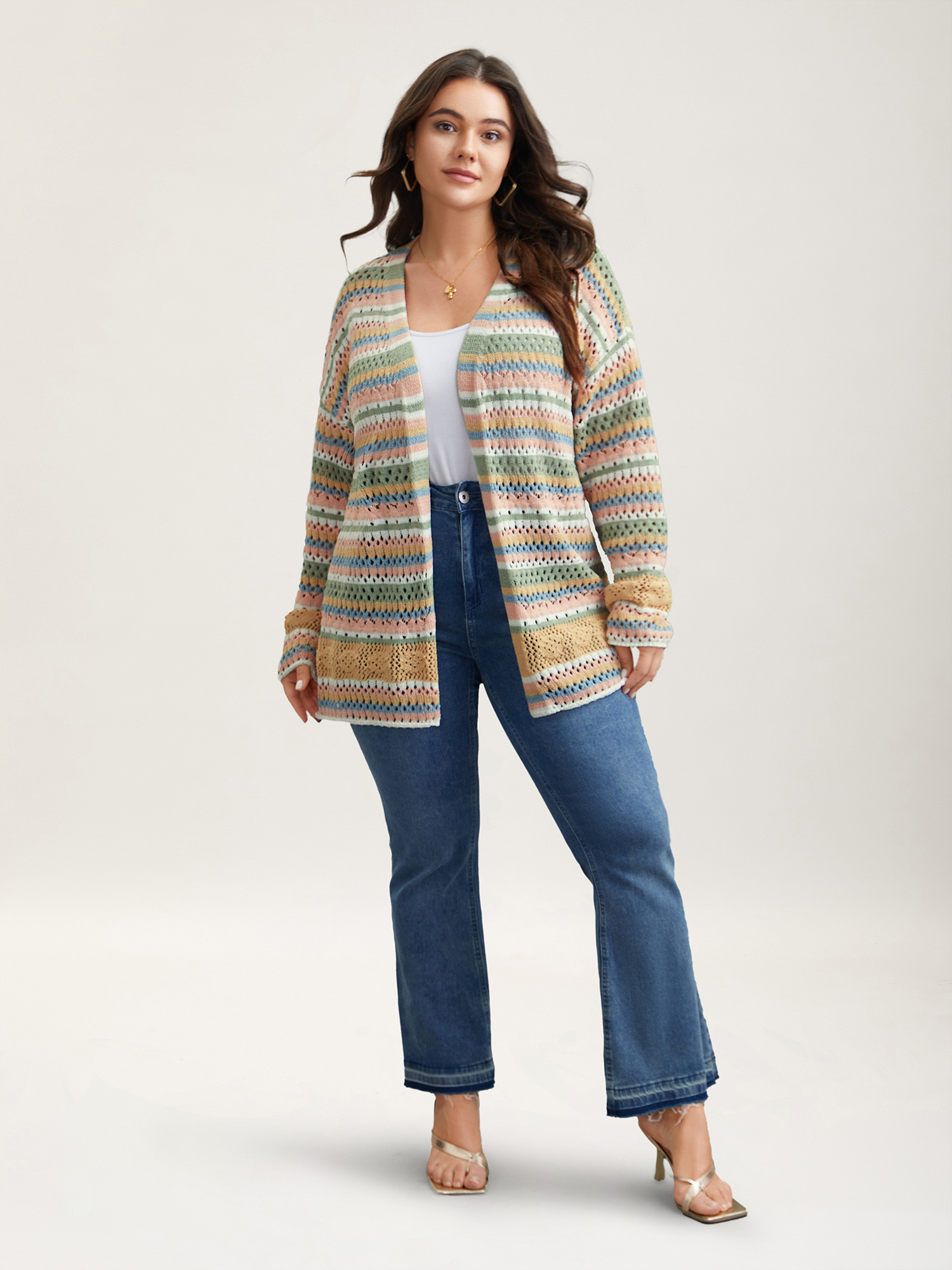 Plus Size Striped Color Contrast Cut-Out Cardigan Multicolor Women Casual Loose Long Sleeve Everyday Cardigans BloomChic 10/M 