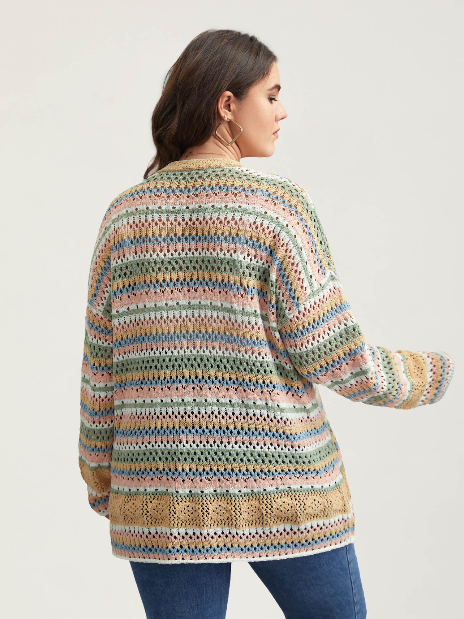 Plus Size Striped Color Contrast Cut-Out Cardigan Multicolor Women Casual Loose Long Sleeve Everyday Cardigans BloomChic 10/M 