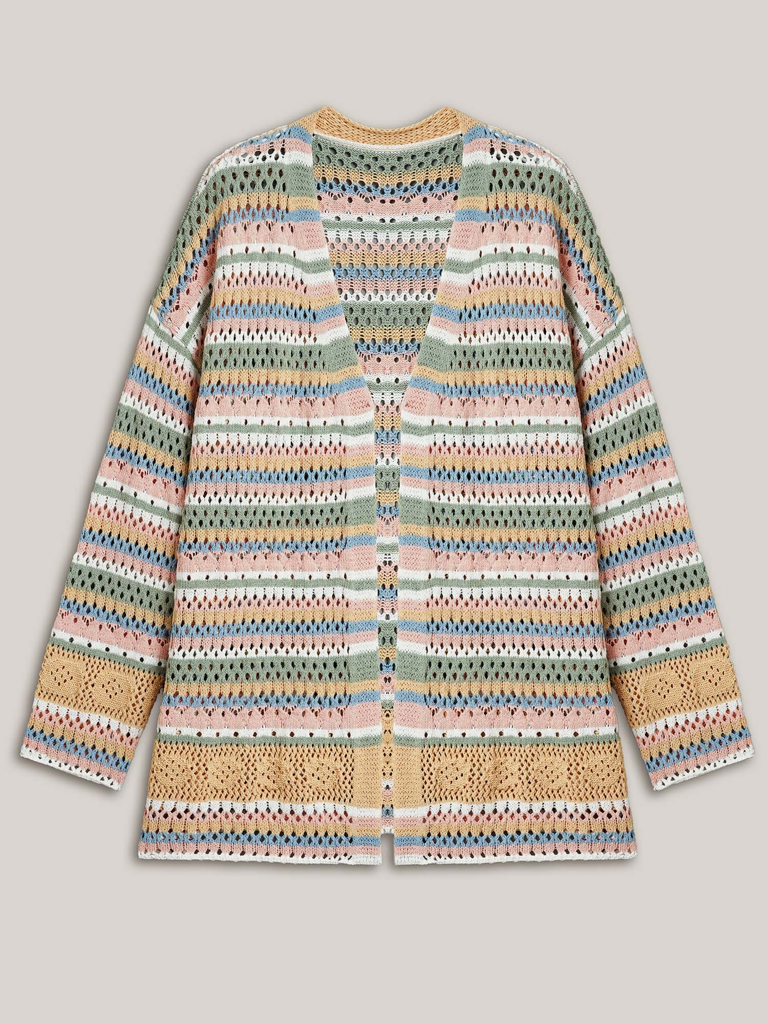 Plus Size Striped Color Contrast Cut-Out Cardigan Multicolor Women Casual Loose Long Sleeve Everyday Cardigans BloomChic 10/M 