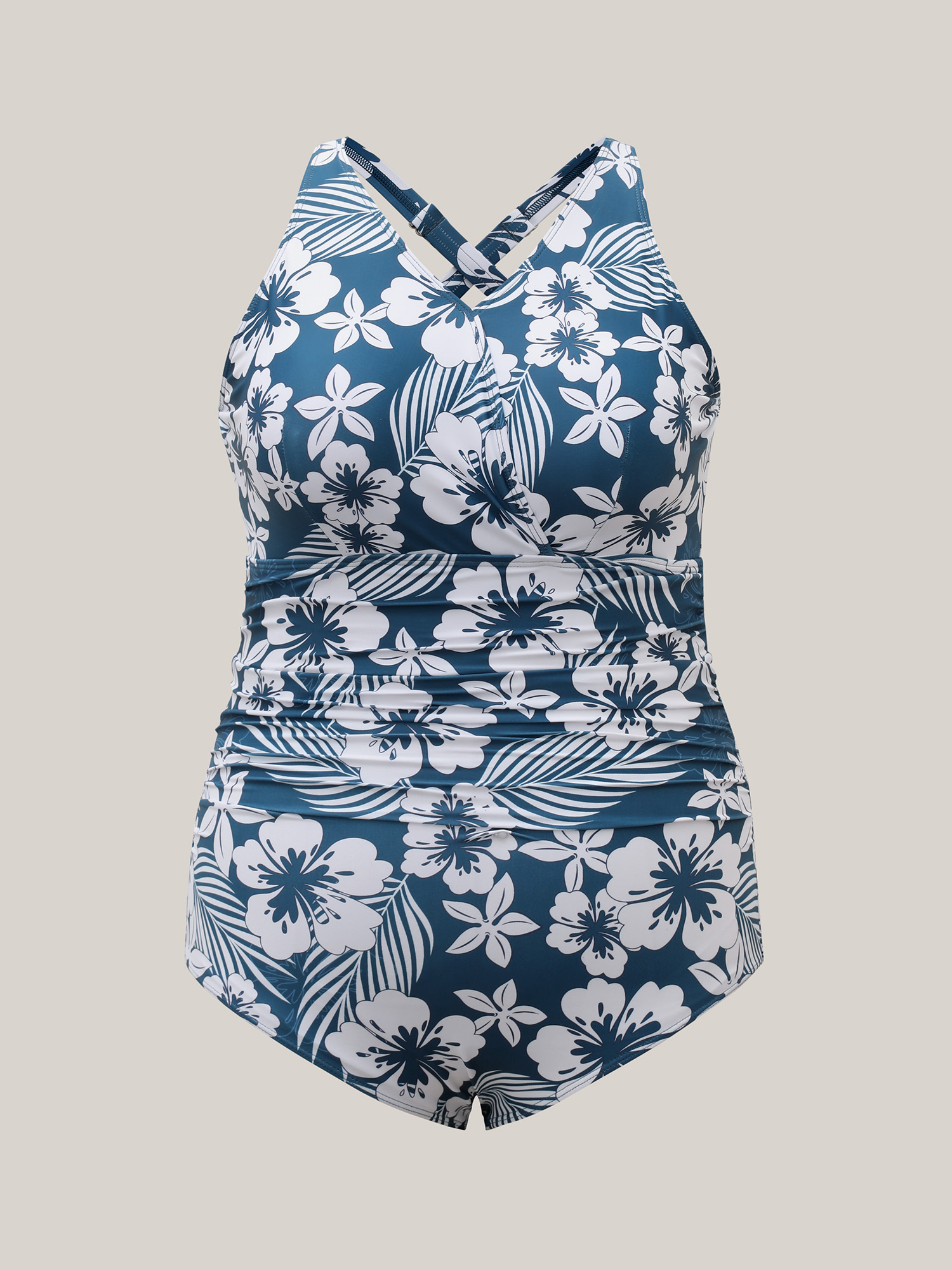 Plus Size Tropical Flower Print Gathered One-Piece Swimsuit Women`s Swimwear Cerulean Beach Gathered Curve Bathing Suits High stretch One Pieces BloomChic 30/6X 