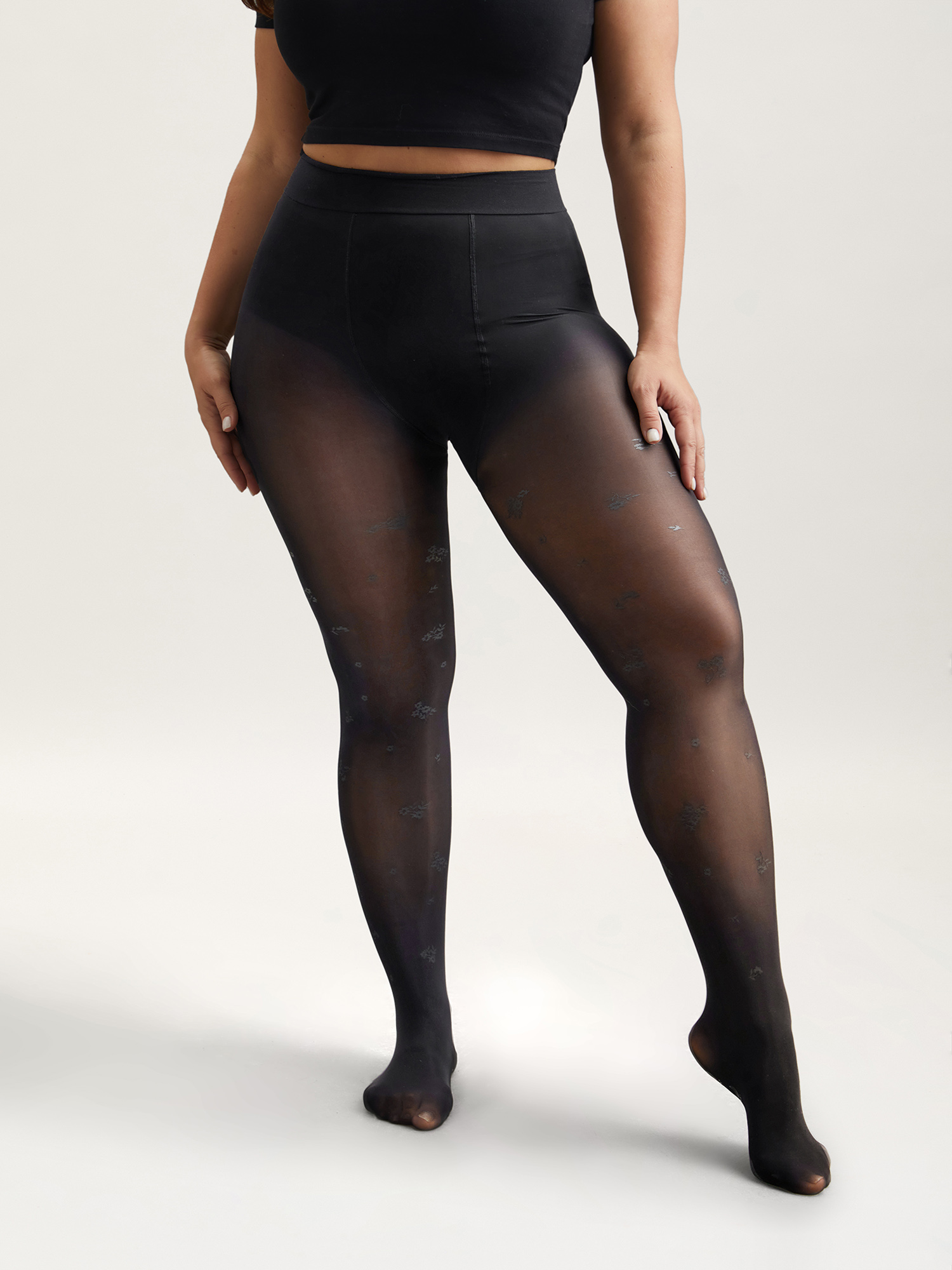 Side view of Floral Pattern Sheer Silk Tights