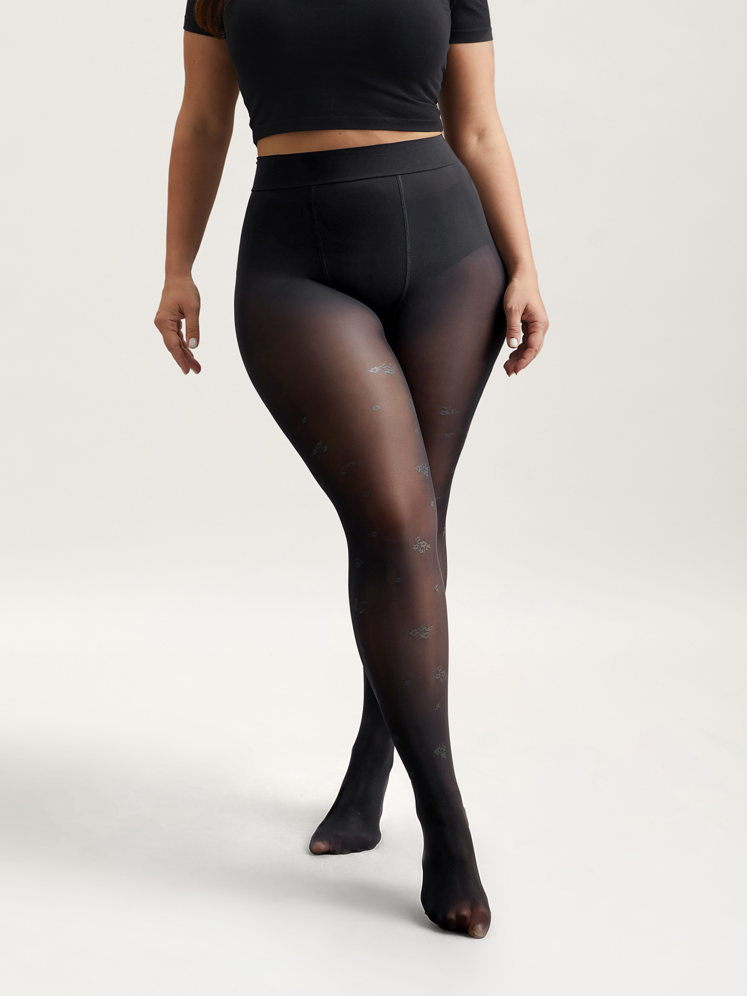 Side view of Floral Pattern Sheer Silk Tights