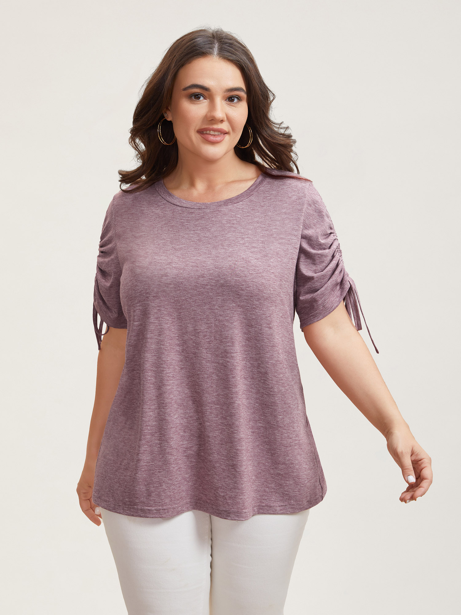 

Plus Size Stretchy Heather Fabric Drawstring Sleeve T-Shirt Mauve Women Elegant Drawstring Round Neck Everyday T-shirts BloomChic