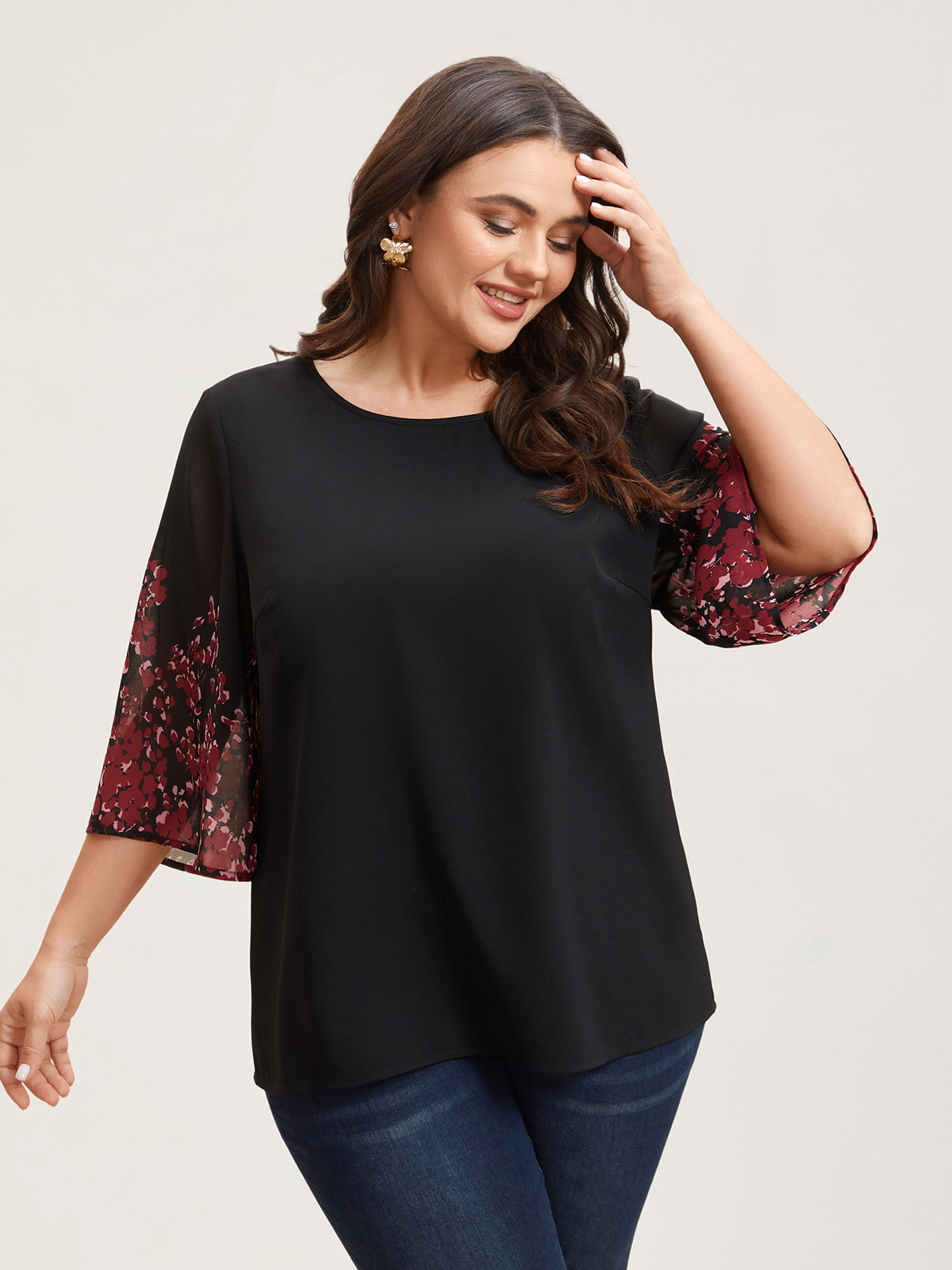 

Plus Size Black Floral Spliced Round Neck Blouse Women Elegant Elbow-length sleeve Non Everyday Blouses BloomChic