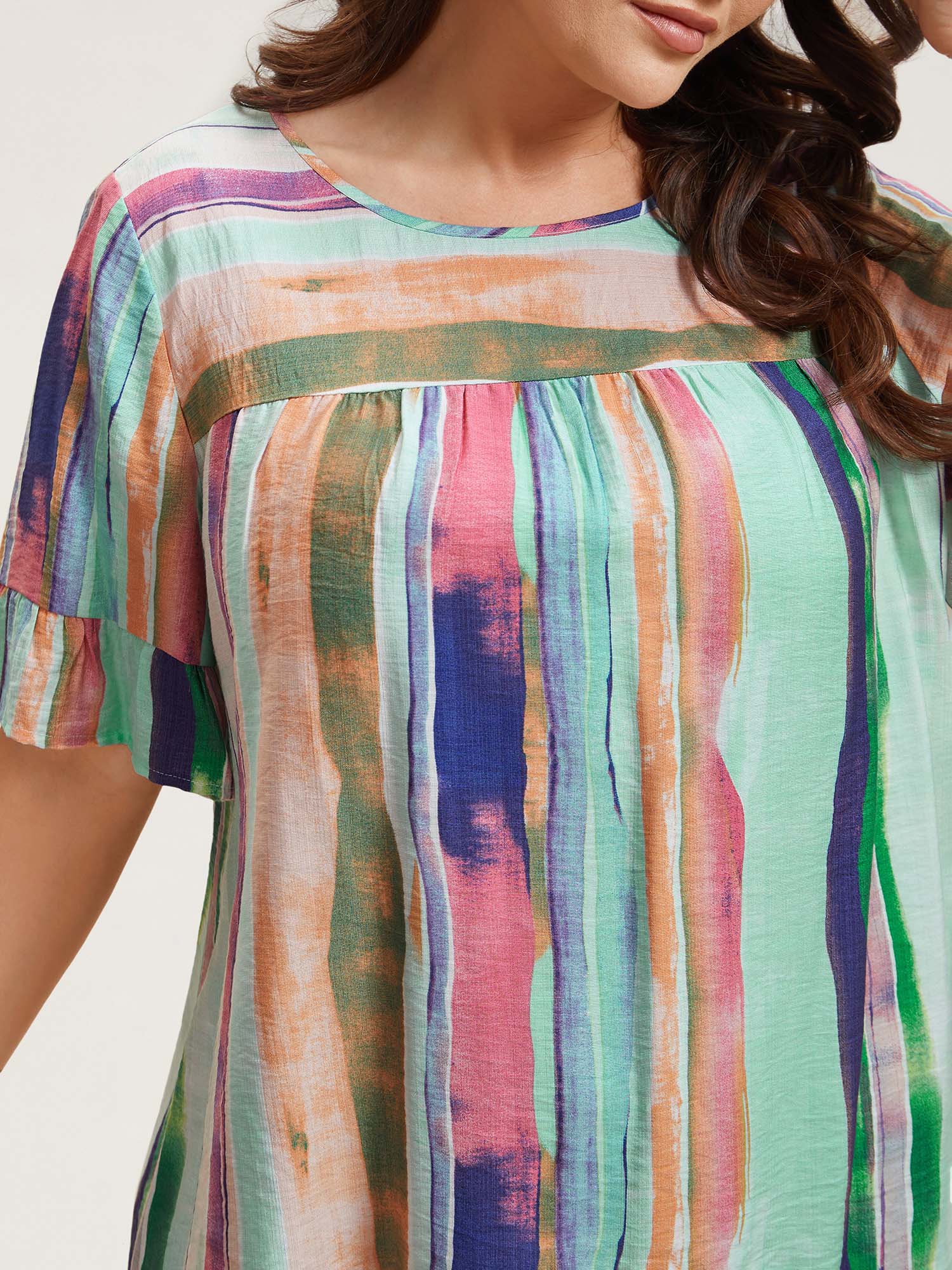 Plus Size Multicolor Multi-Color Striped Curved Hem Shirt Women Casual Half Sleeve Round Neck Everyday Blouses BloomChic 10/M 