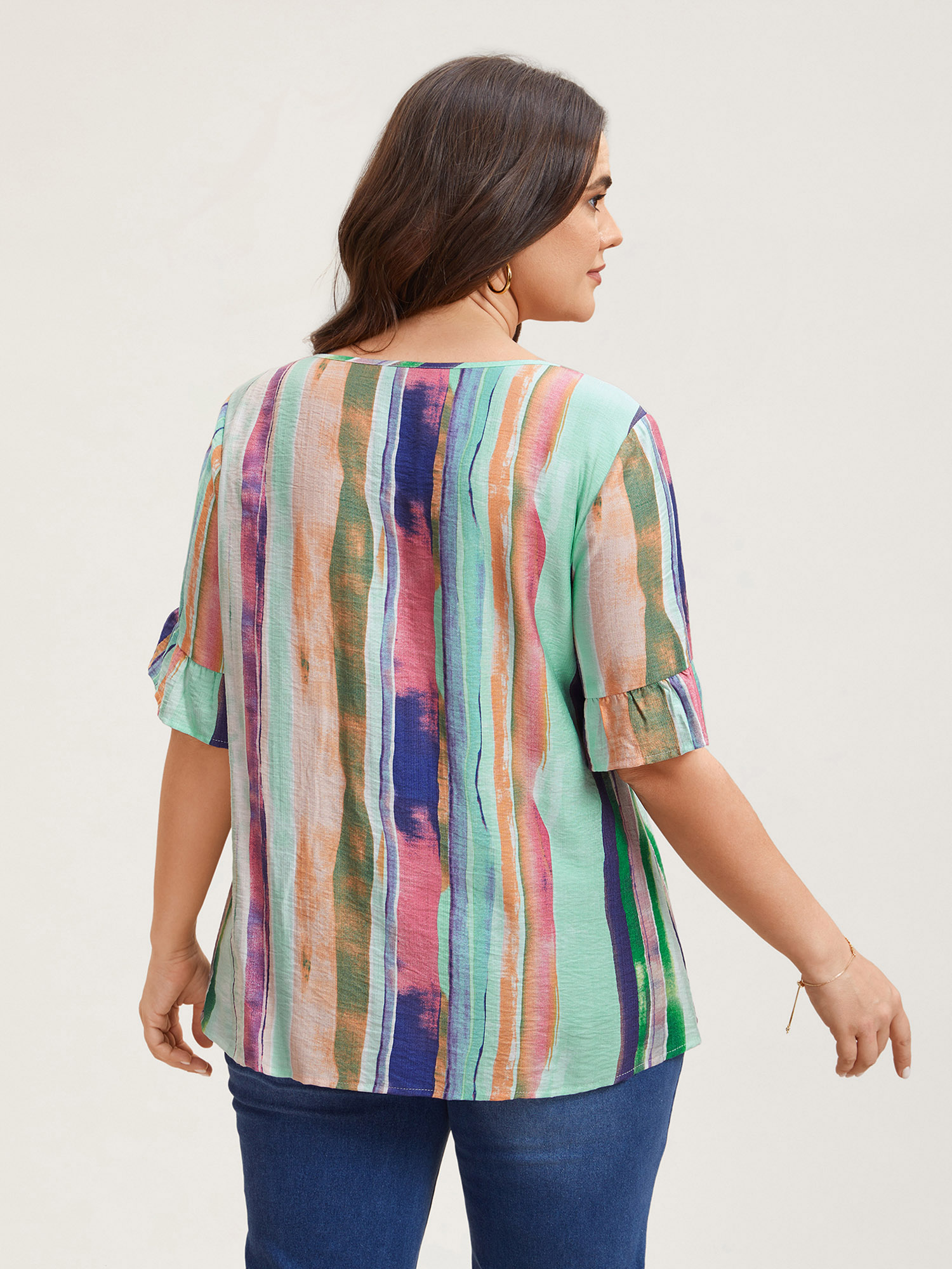 Plus Size Multicolor Multi-Color Striped Curved Hem Shirt Women Casual Half Sleeve Round Neck Everyday Blouses BloomChic 10/M 