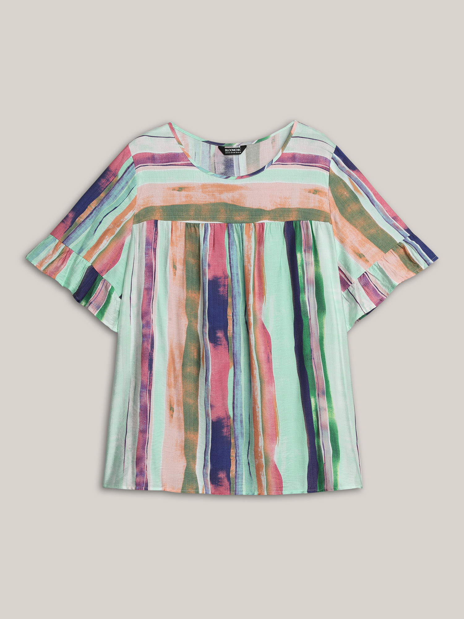 Plus Size Multicolor Multi-Color Striped Curved Hem Shirt Women Casual Half Sleeve Round Neck Everyday Blouses BloomChic 10/M 