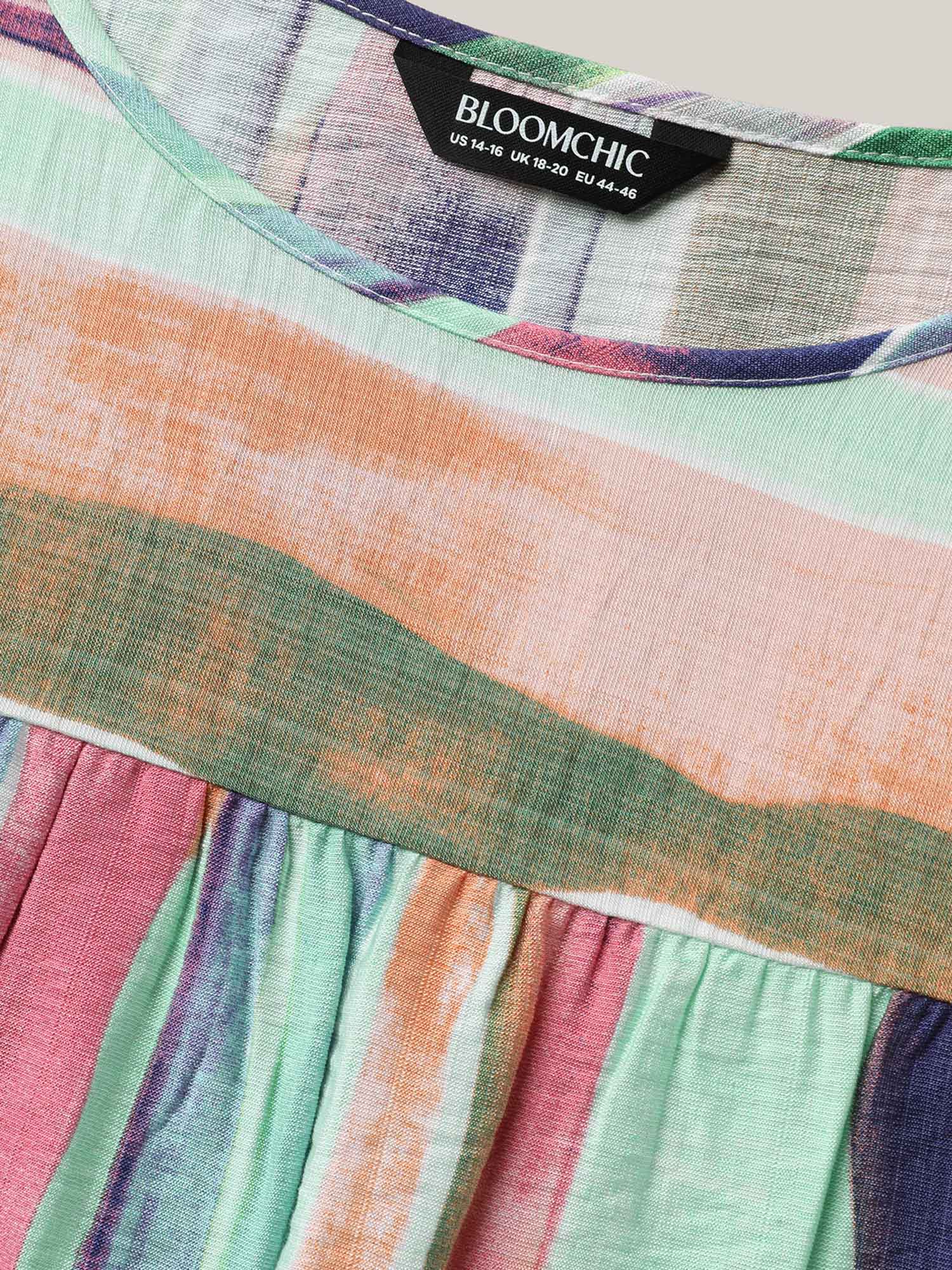 Plus Size Multicolor Multi-Color Striped Curved Hem Shirt Women Casual Half Sleeve Round Neck Everyday Blouses BloomChic 10/M 
