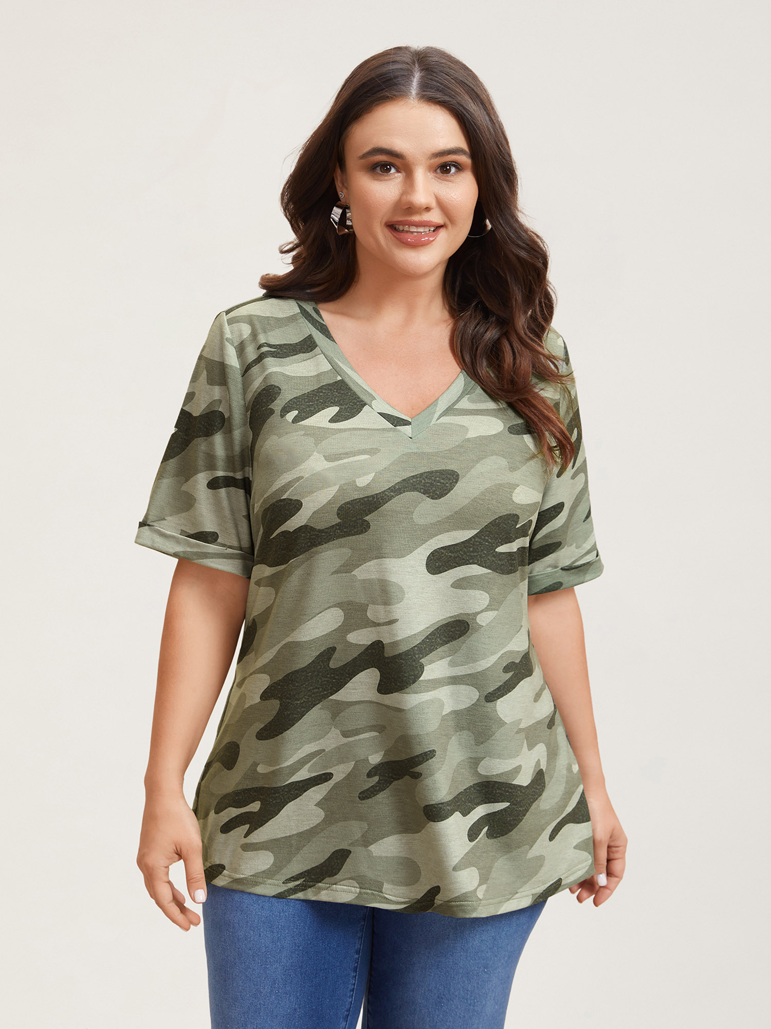 Plus Size Camouflage Print V-Neck Curvy T-Shirt Multicolor Women Elegant Roll Hem V-neck Everyday T-shirts BloomChic 26/4X 