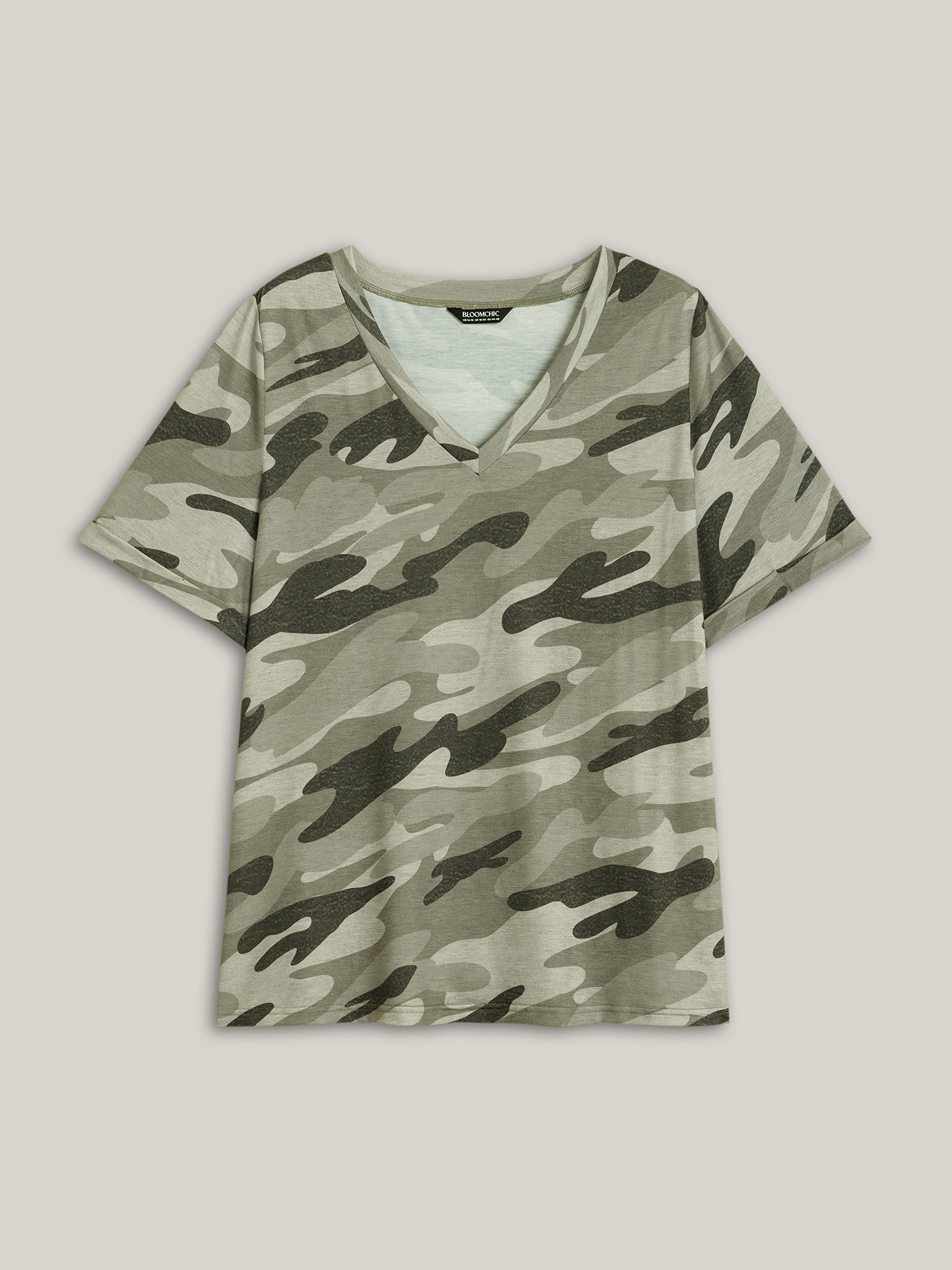 Plus Size Camouflage Print V-Neck Curvy T-Shirt Multicolor Women Elegant Roll Hem V-neck Everyday T-shirts BloomChic 26/4X 