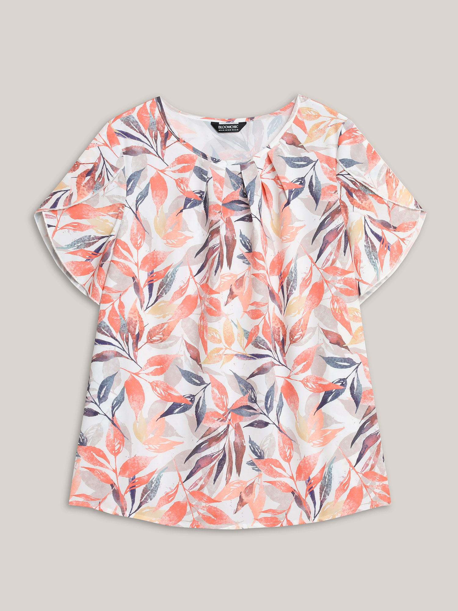 Plus Size Multicolor Floral Petal Sleeve Pleated Shirt Women At the Office Short sleeve Round Neck Work Blouses BloomChic 10/M 