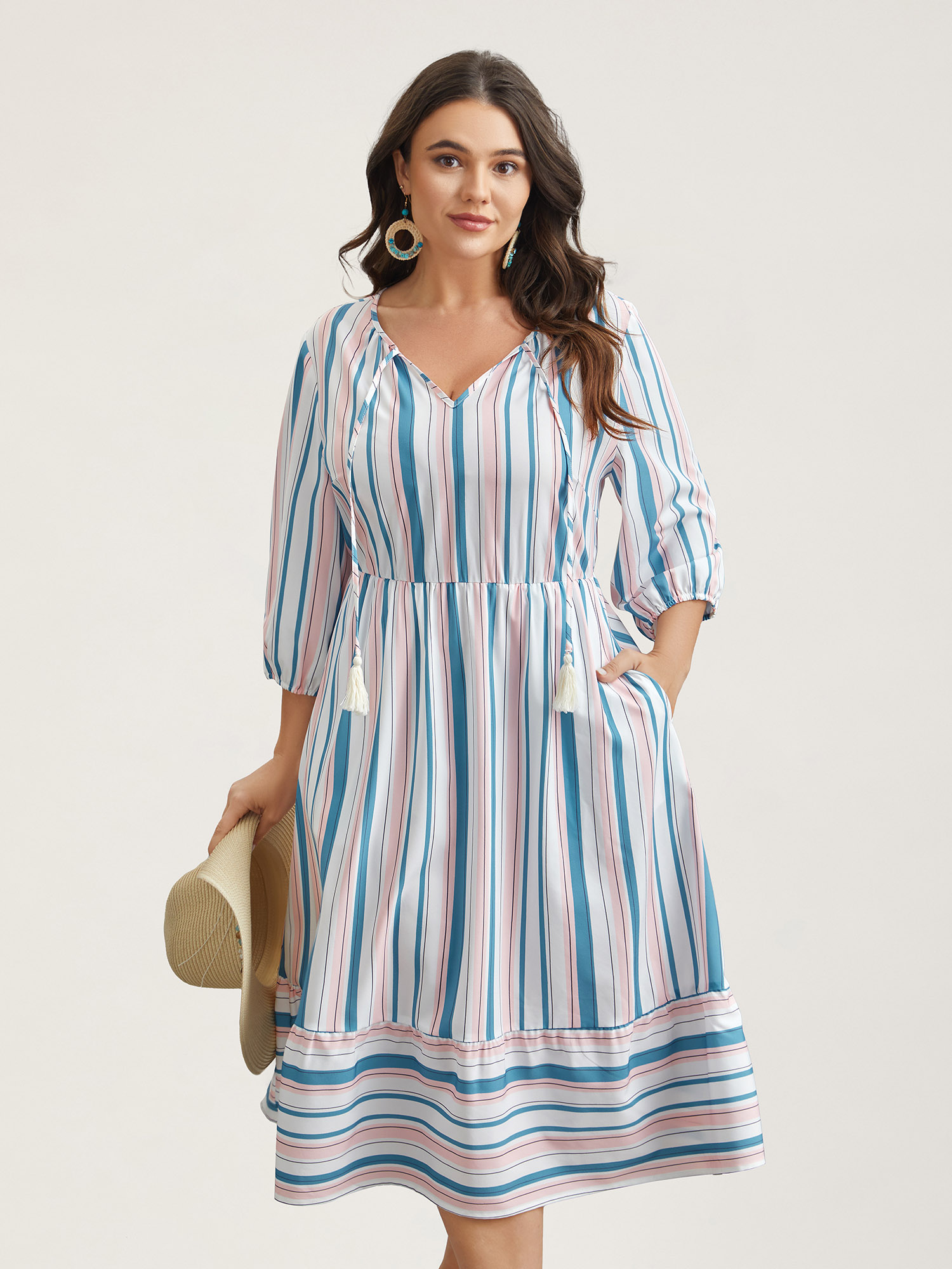 

Plus Size Stretchy Striped Tassels Tiered Midi Dress Multicolor Women Resort Tie knot V-neck Elbow-length sleeve Curvy BloomChic