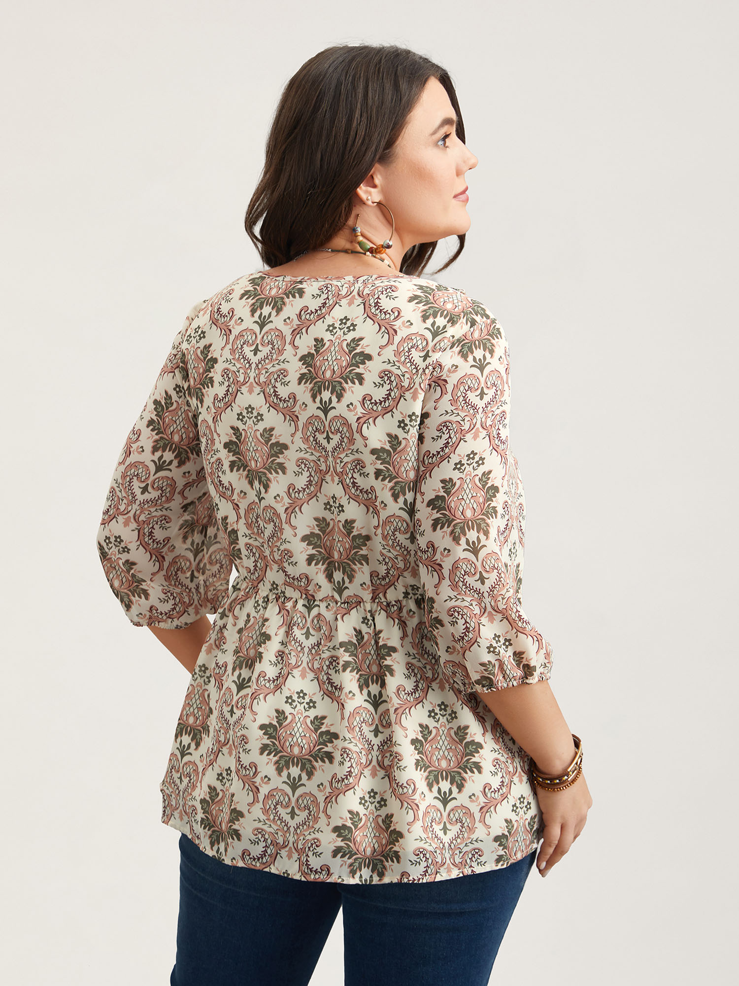 

Plus Size Beige Ornate Print Stretchy Waist Lined Shirt Women Resort Elbow-length sleeve Deep V-neck Vacation Blouses BloomChic