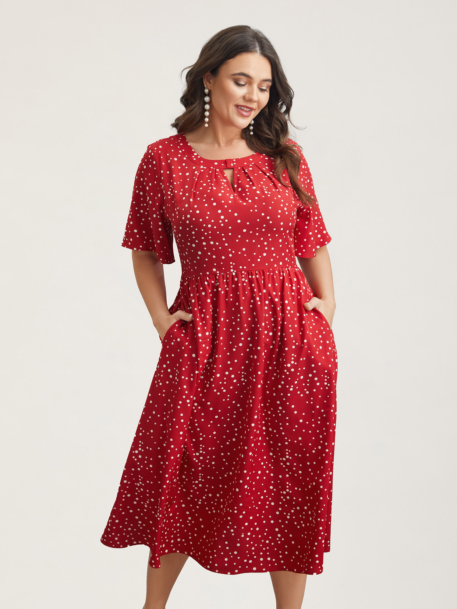 

Plus Size Polka Dots Print Cut-Out Flutter Sleeve Midi Dress Scarlet Women Elegant Pleated Round Neck Short sleeve Curvy BloomChic