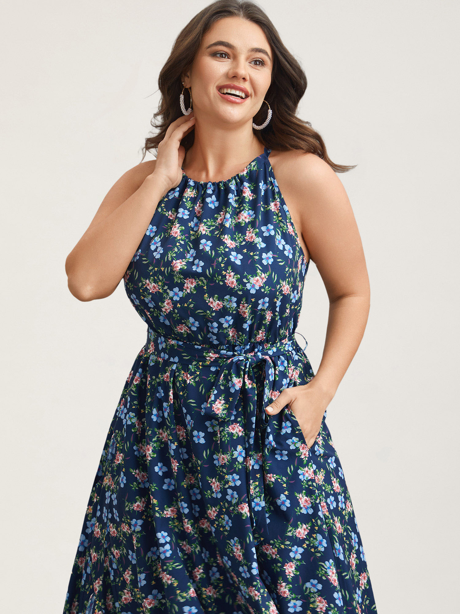 

Plus Size Floral Print Belted Stretchy Waist Midi Dress Navy Women Elegant Gathered Halter neck Sleeveless Curvy BloomChic