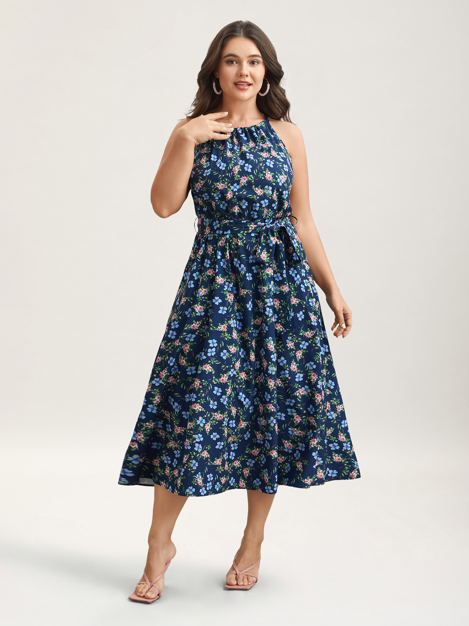 

Plus Size Floral Print Belted Stretchy Waist Midi Dress Navy Women Elegant Gathered Halter neck Sleeveless Curvy BloomChic