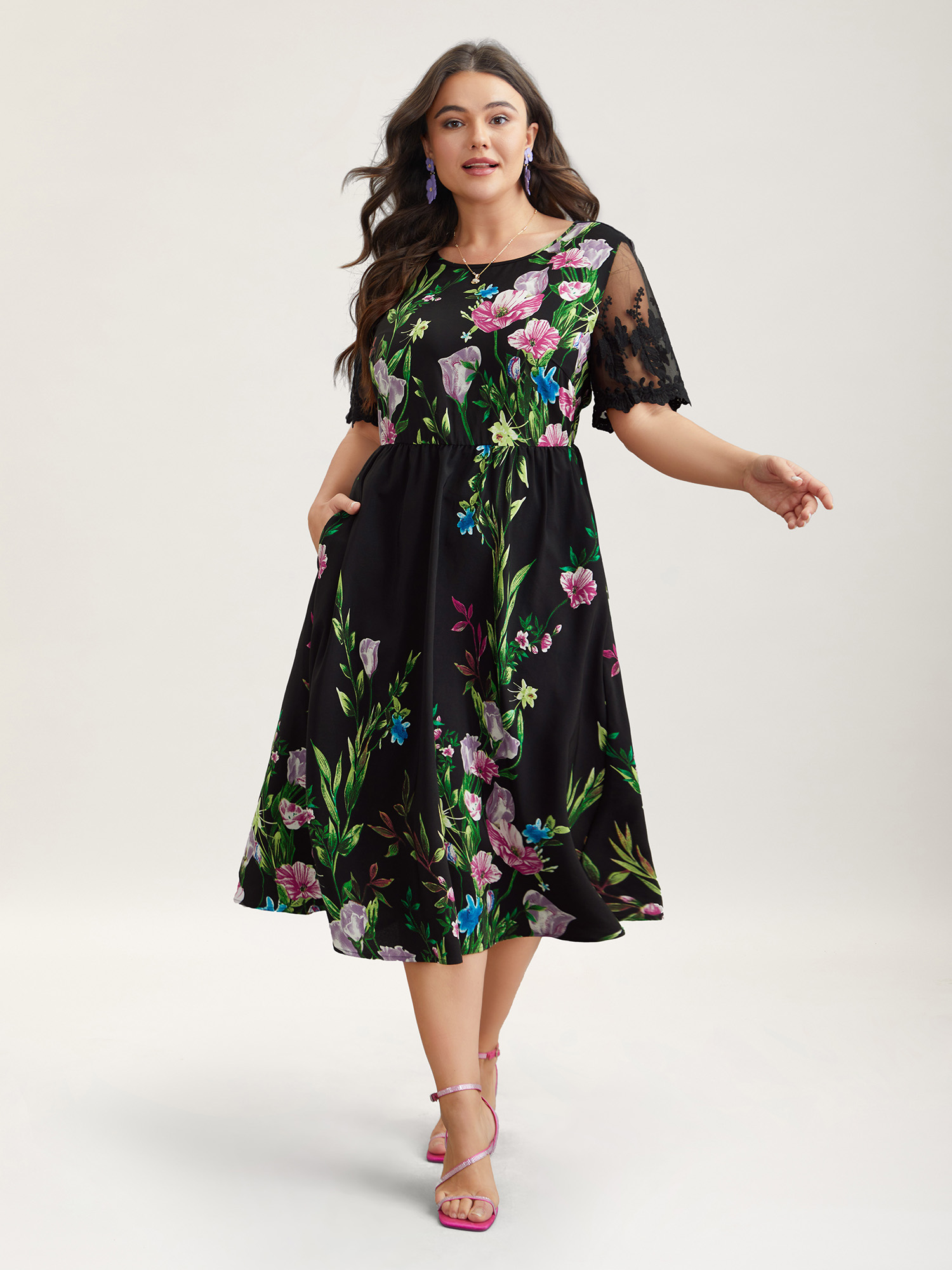 Plus Size Floral Print Flared Sleeve Spliced Midi Dress Black Women Elegant See through Round Neck Short sleeve Curvy BloomChic 30/6X 