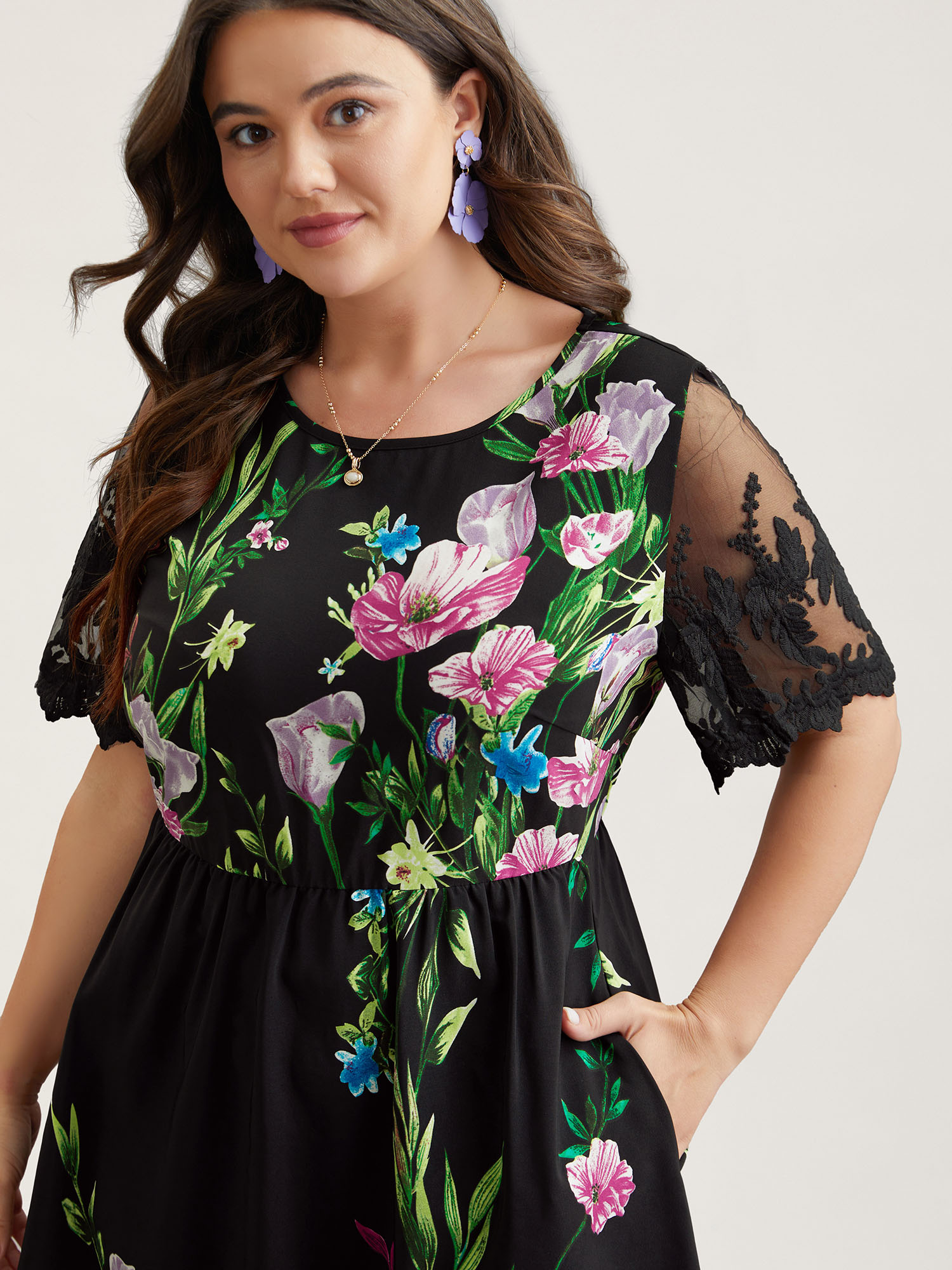 Plus Size Floral Print Flared Sleeve Spliced Midi Dress Black Women Elegant See through Round Neck Short sleeve Curvy BloomChic 30/6X 
