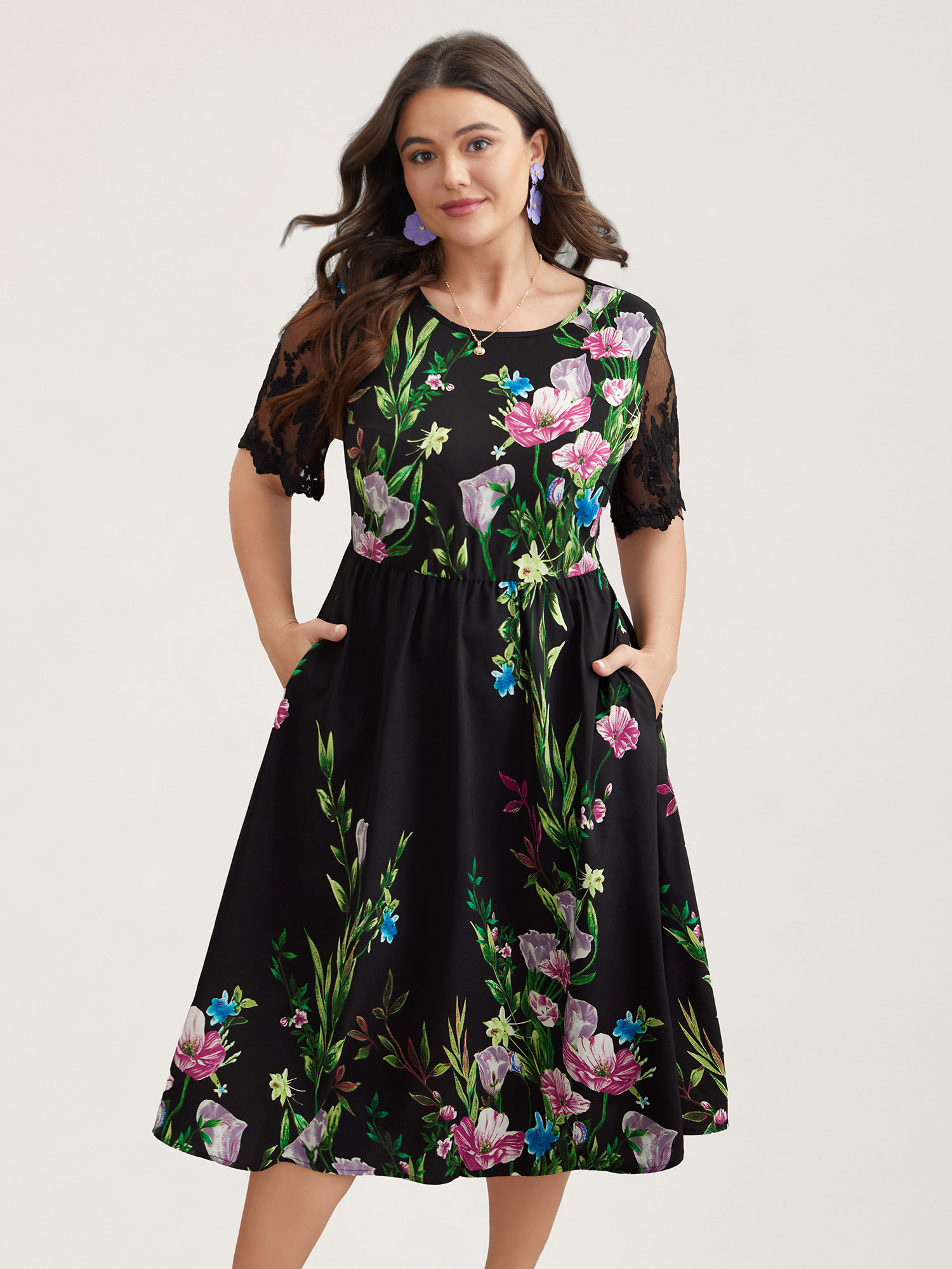 Plus Size Floral Print Flared Sleeve Spliced Midi Dress Black Women Elegant See through Round Neck Short sleeve Curvy BloomChic 30/6X 