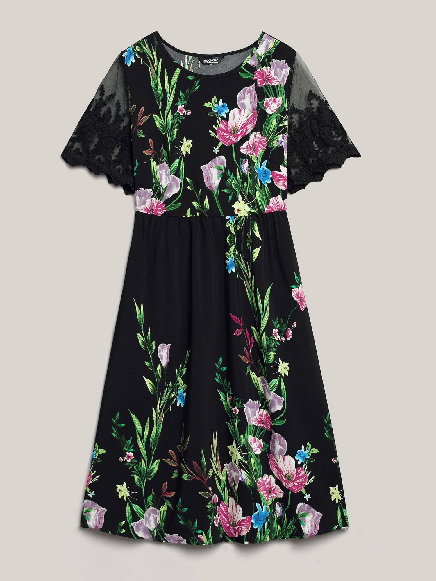 Plus Size Floral Print Flared Sleeve Spliced Midi Dress Black Women Elegant See through Round Neck Short sleeve Curvy BloomChic 30/6X 