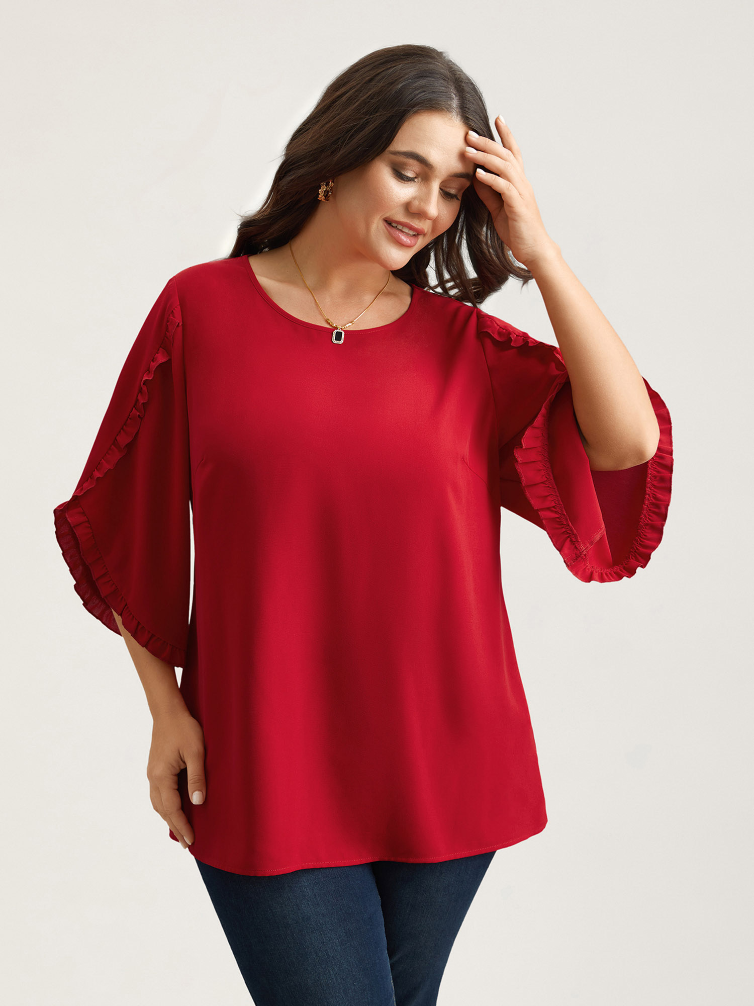 

Plus Size Crimson Ruffled Bud Sleeve Round Neck Shirt Women Elegant Elbow-length sleeve Round Neck Everyday Blouses BloomChic