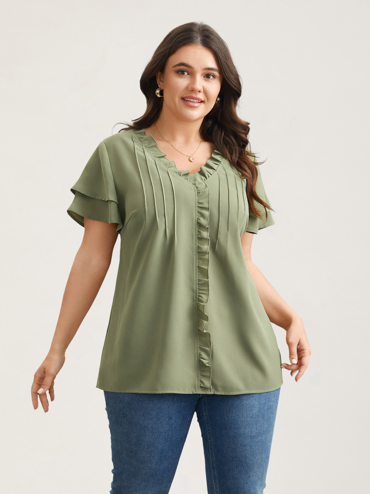 

Plus Size Sage Ruffled Neck Toothpick Pleats Lotus Leaf Sleeve Shirt Women Elegant Short sleeve V-neck Everyday Blouses BloomChic