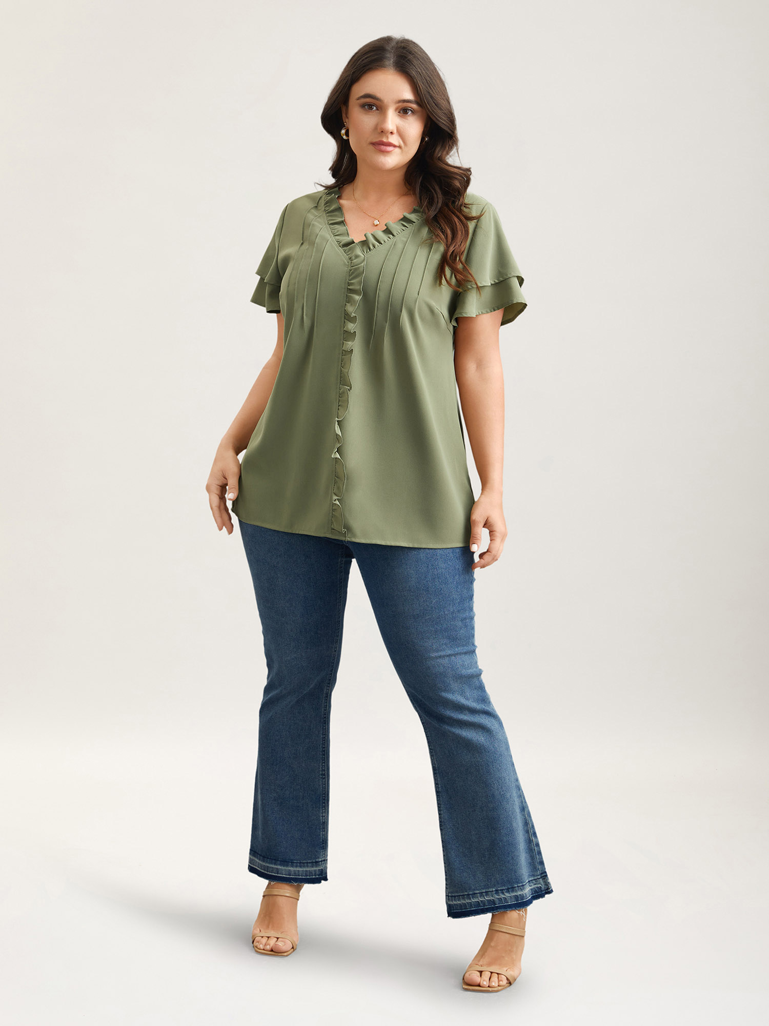 

Plus Size Sage Ruffled Neck Toothpick Pleats Lotus Leaf Sleeve Shirt Women Elegant Short sleeve V-neck Everyday Blouses BloomChic