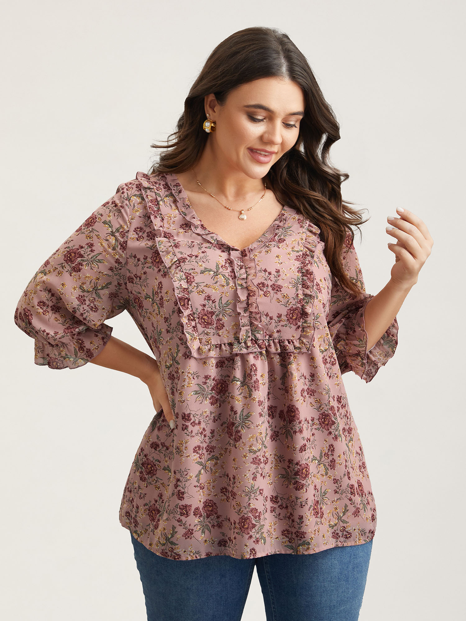 

Plus Size Rouge Chiffon Floral Print Ruffled Neck Flowy Shirt Women Elegant Elbow-length sleeve V-neck Everyday Blouses BloomChic