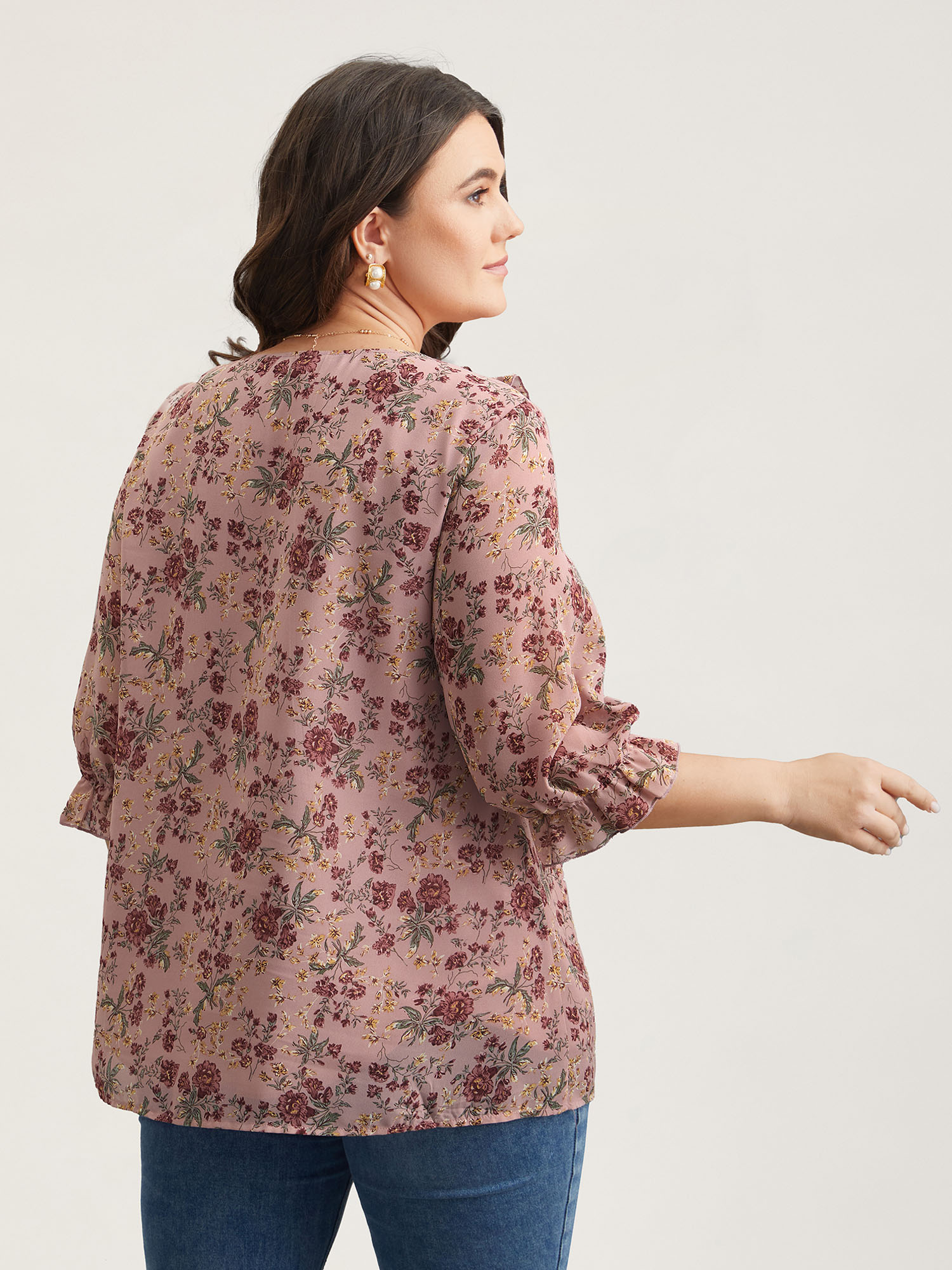 

Plus Size Rouge Chiffon Floral Print Ruffled Neck Flowy Shirt Women Elegant Elbow-length sleeve V-neck Everyday Blouses BloomChic