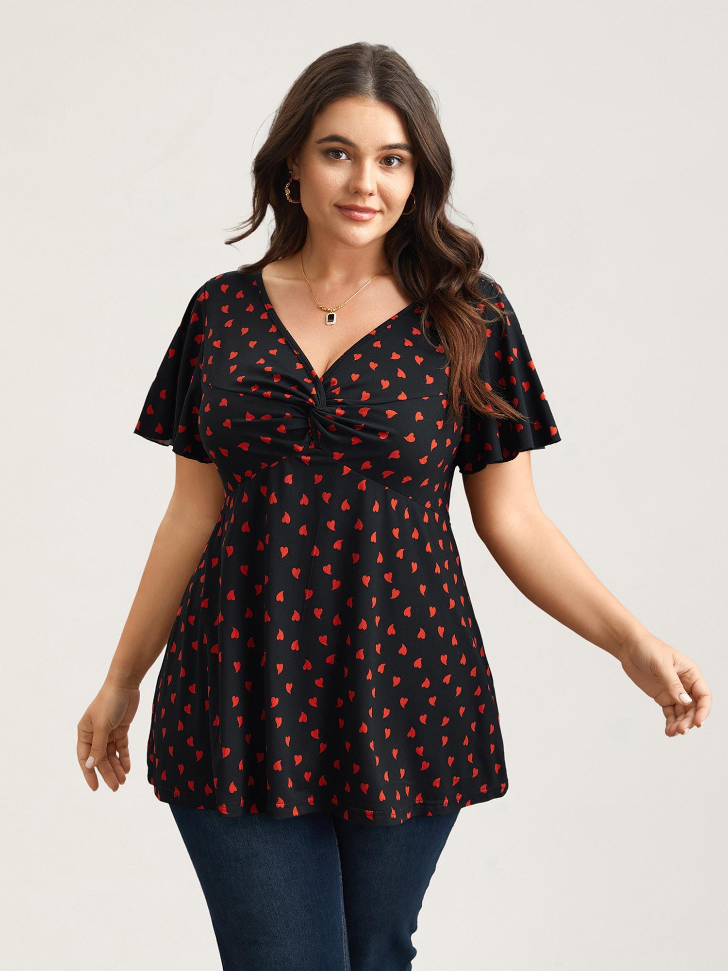 

Plus Size Heart Print Ruched Bust Stretchy Top Black V-neck Short sleeve Elegant Jersey Tops