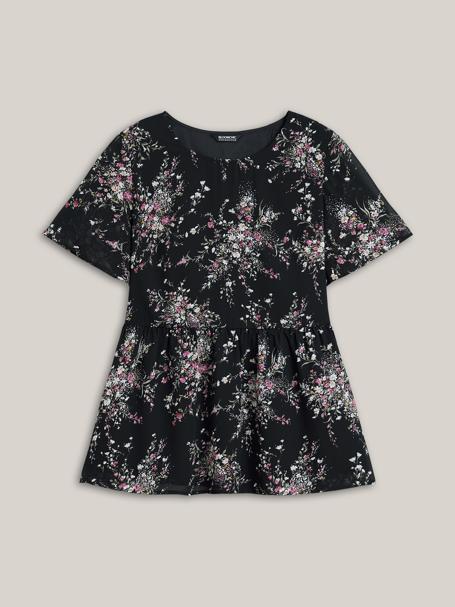 

Plus Size Black Floral Print Stretchy-Waist Lined Shirt Women Elegant Short sleeve Round Neck Everyday Blouses BloomChic