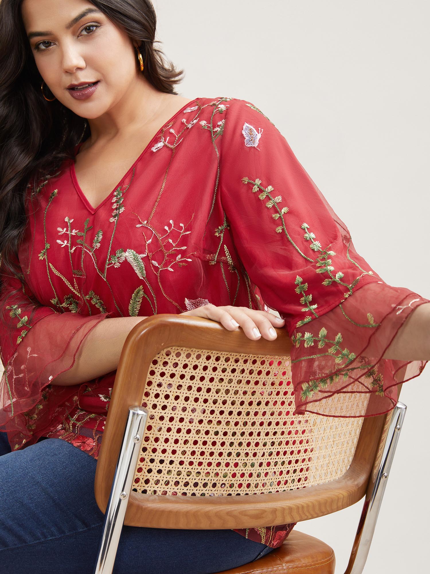 

Plus Size Burgundy Embroidered Mesh Lotus Leaf Sleeve Blouse Women Elegant Elbow-length sleeve V-neck Everyday Blouses BloomChic