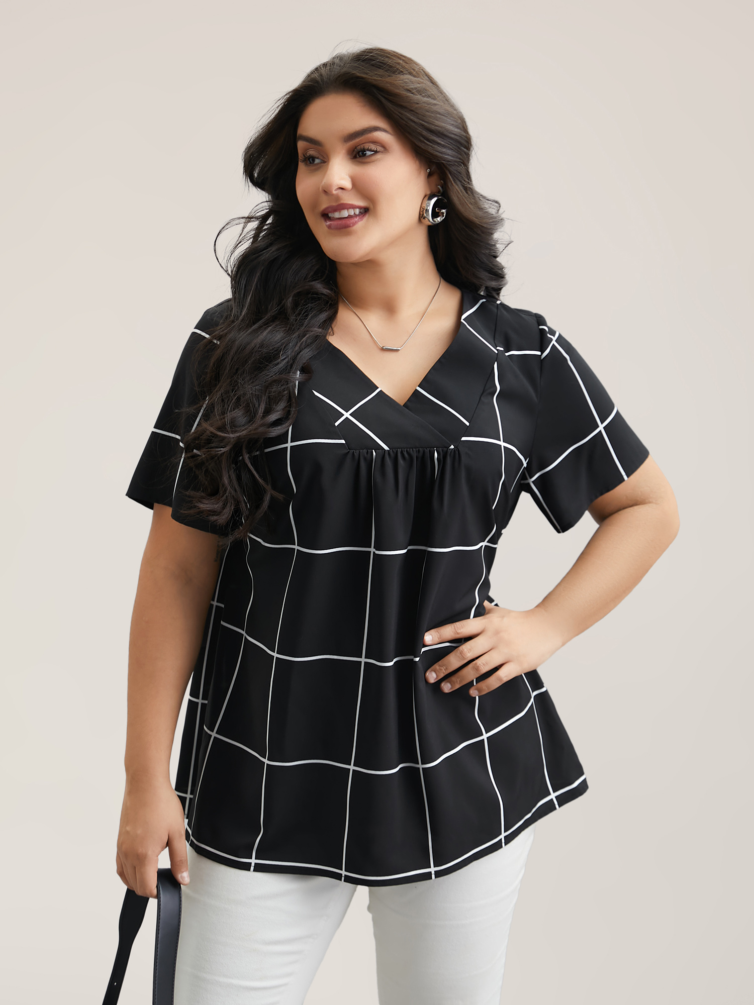 

Plus Size Black Plaid Crumpled V-Neck Fitted Shirt Women At the Office Short sleeve Overlap Collar Work Blouses BloomChic