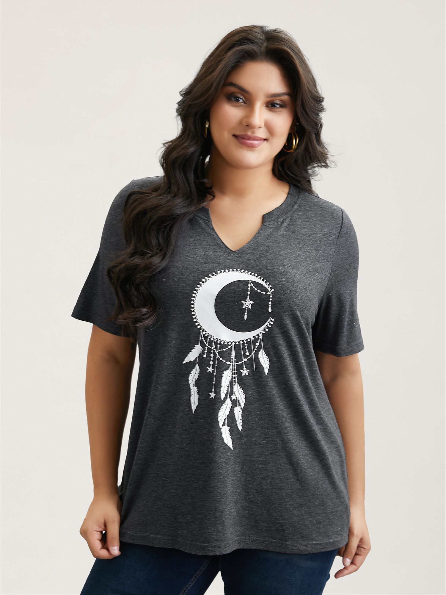 Plus Size Dream Catcher Fitted T-Shirt DimGray Women Casual Non Star and moon Notched collar Everyday T-shirts BloomChic 26/4X 
