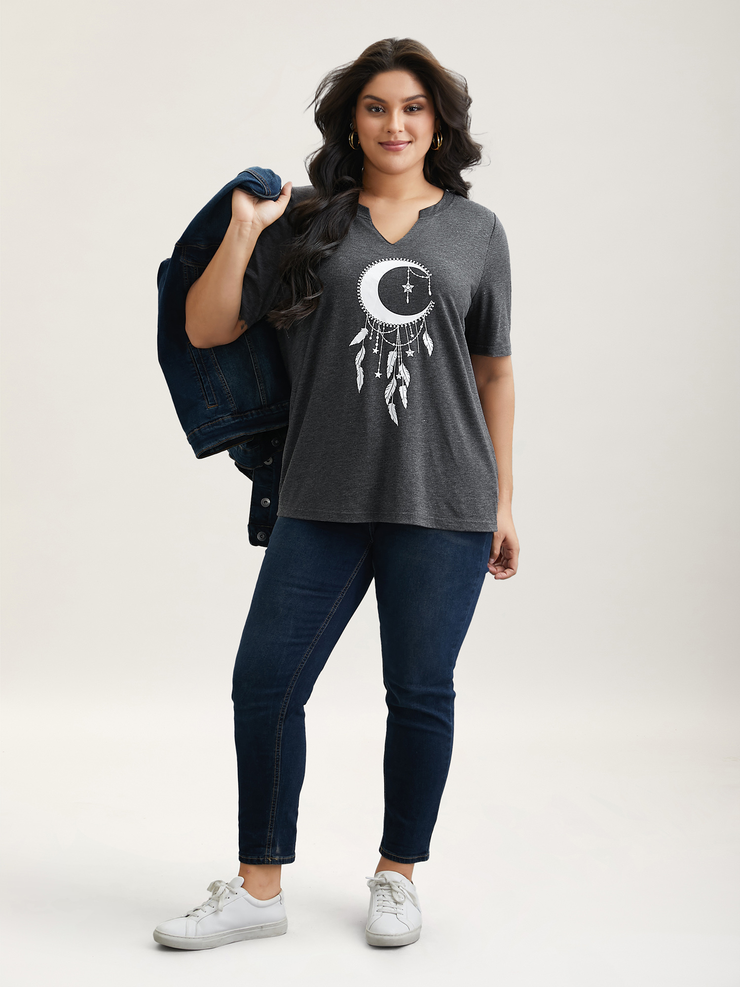 Plus Size Dream Catcher Fitted T-Shirt DimGray Women Casual Non Star and moon Notched collar Everyday T-shirts BloomChic 26/4X 