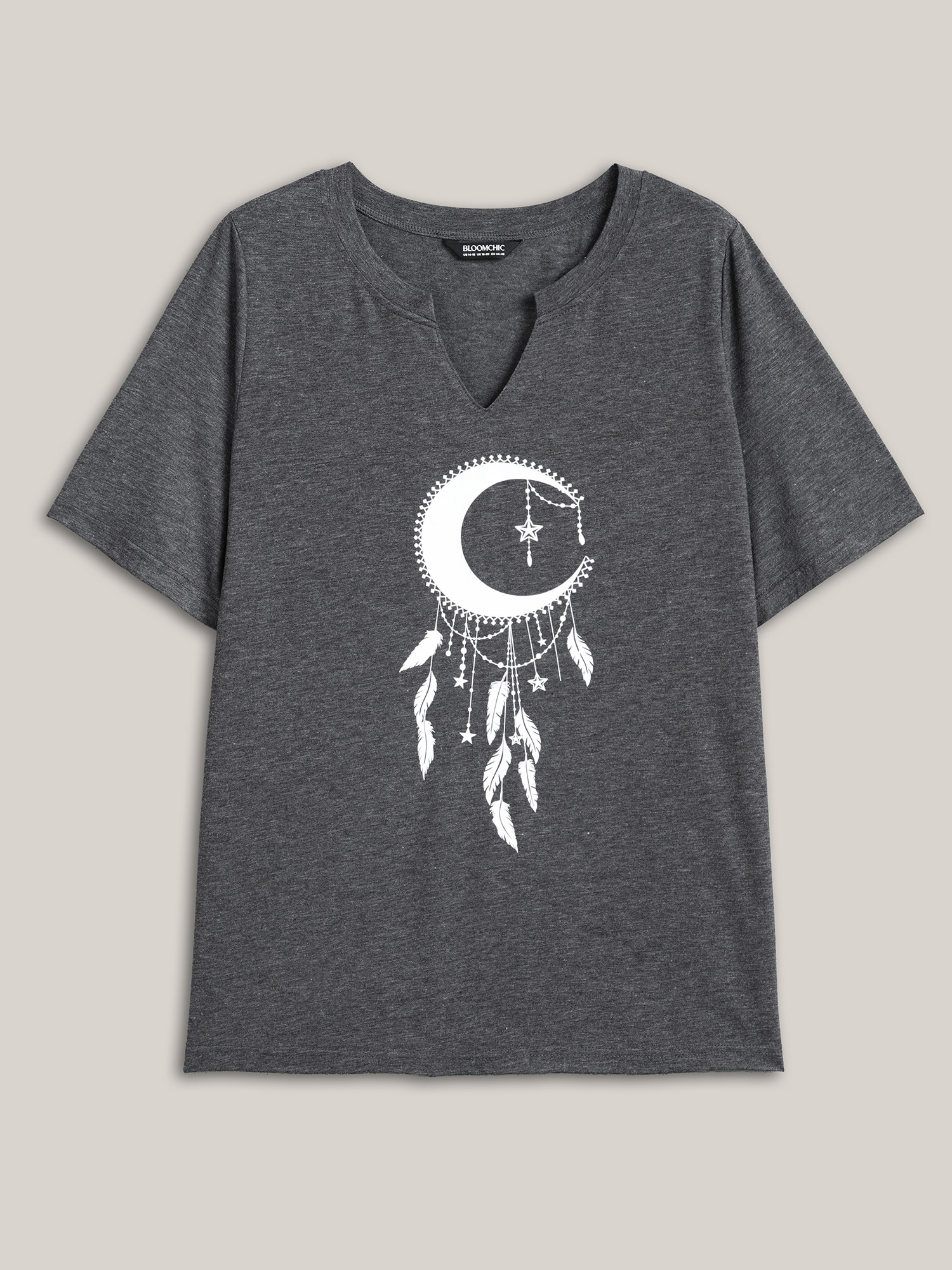 Plus Size Dream Catcher Fitted T-Shirt DimGray Women Casual Non Star and moon Notched collar Everyday T-shirts BloomChic 26/4X 