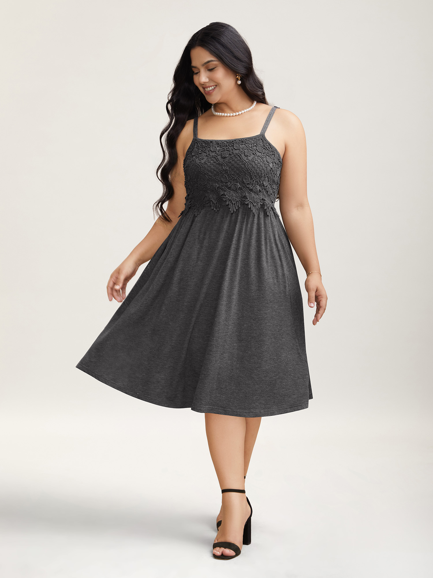 

Plus Size Lace Waist-Cinched Pockets Midi Dress DarkGray Women Elegant Woven ribbon&lace trim Square Neck Sleeveless Curvy BloomChic